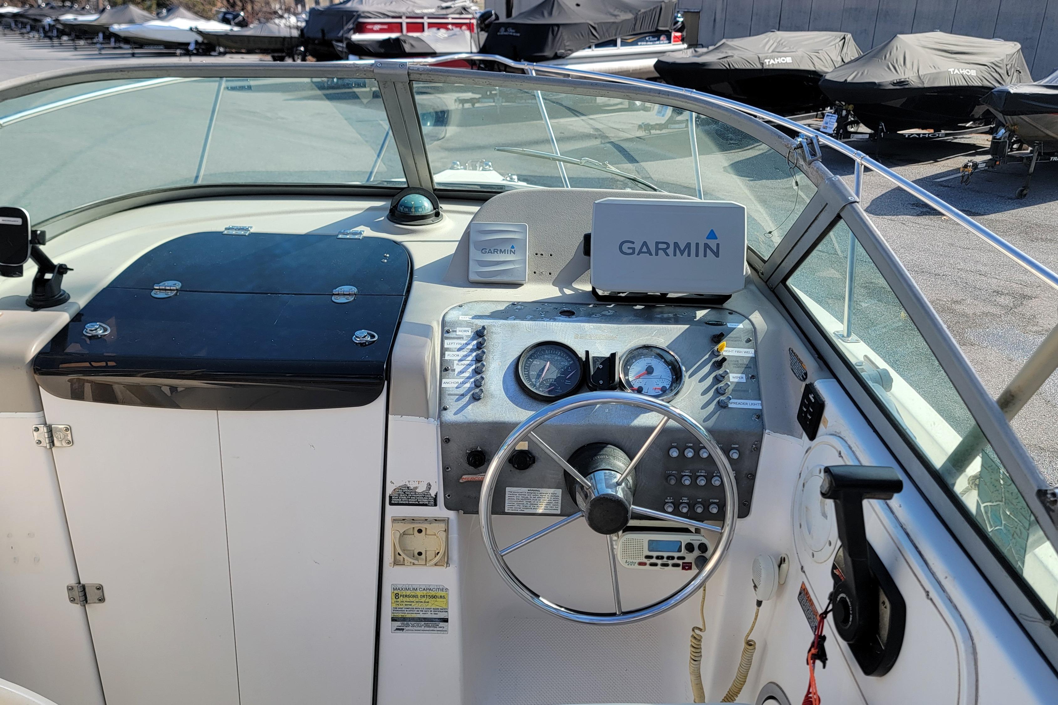 2003 Trophy 2002 Walkaround boat dashboard with Garmin navigation system.