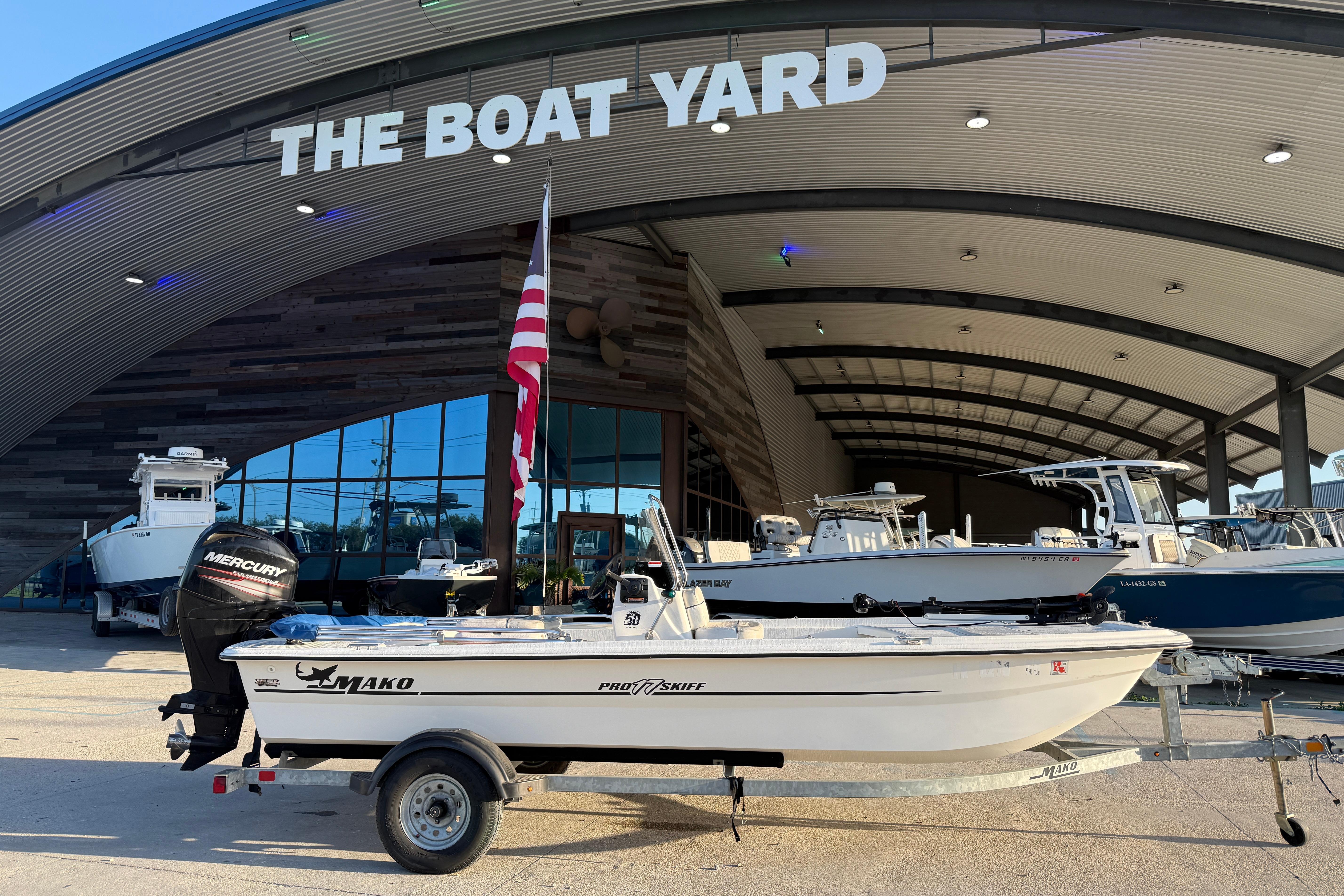 2017 Mako Pro Skiff 17 CC boat displayed at The Boat Yard dealership.