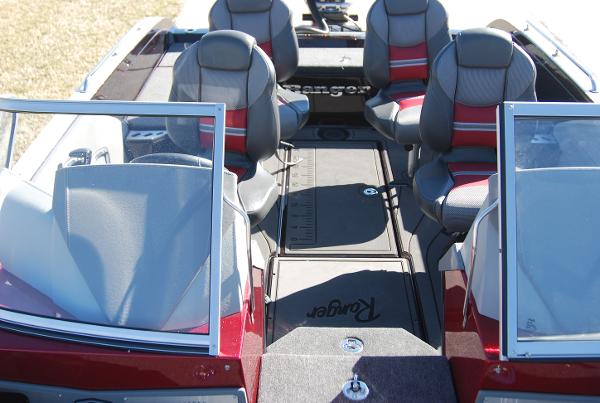 2024 Ranger 620FS Pro boat interior with seating and windshield.