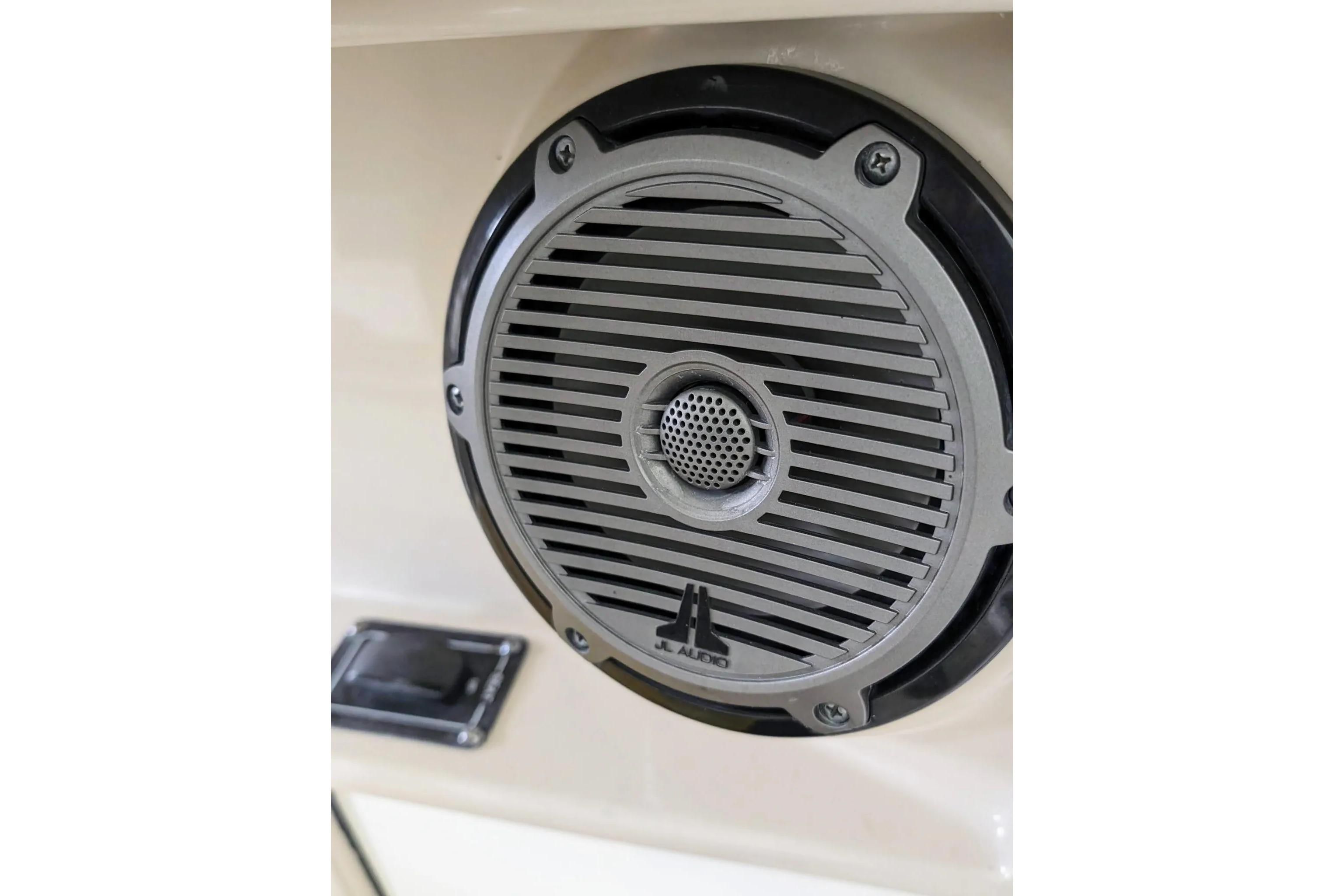 Close-up of a JL Audio speaker on a 2017 Boston Whaler 320 Vantage boat.