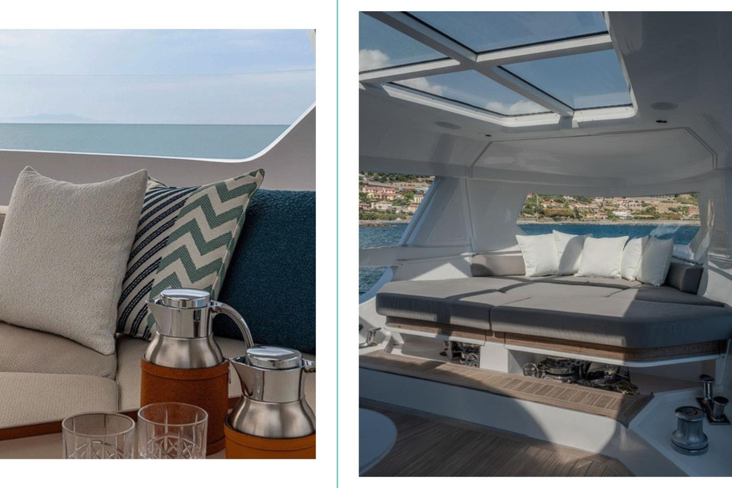 Luxurious 2025 Ferretti Infynito 90 yacht interior with elegant seating and scenic ocean views.