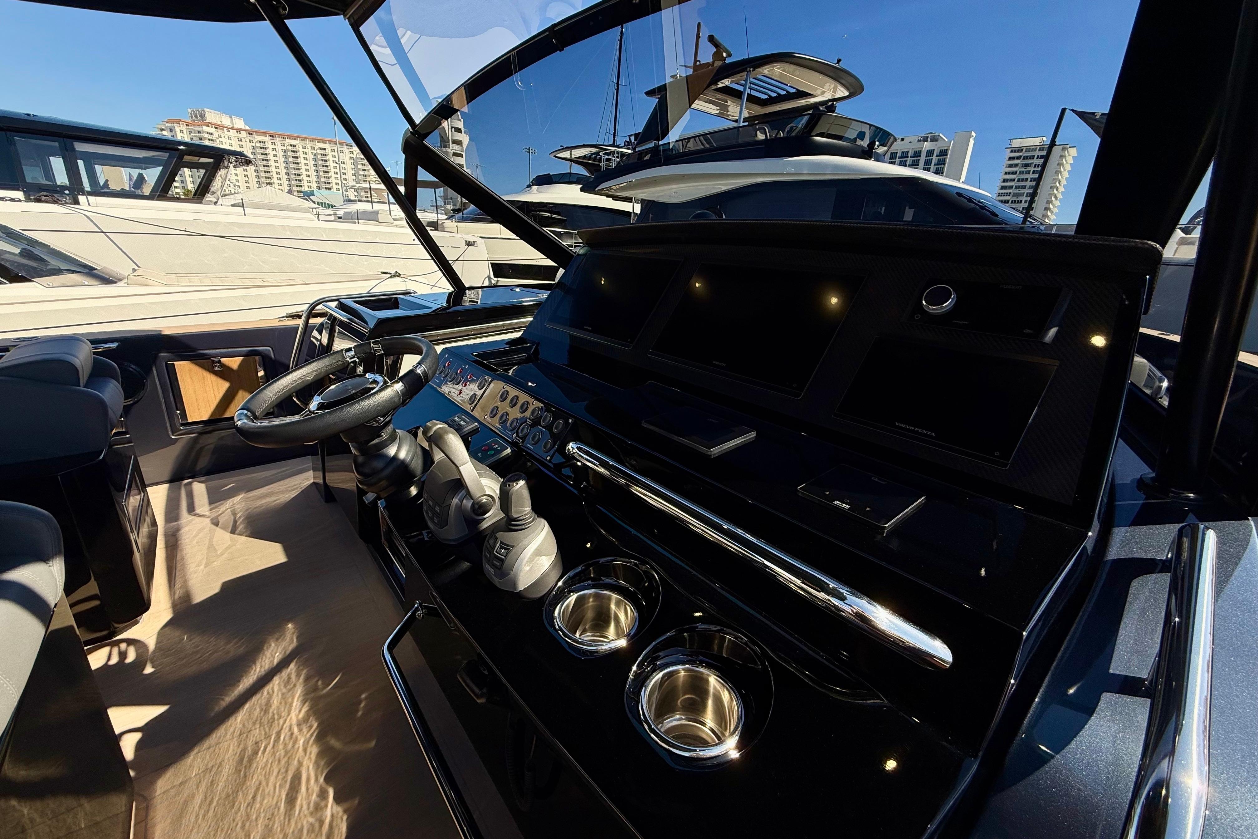 Interior view of 2026 Pardo Yachts 50 helm with modern controls and luxurious design.