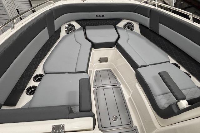 2026 Chaparral SSX 8 boat interior with gray seating and sleek design.