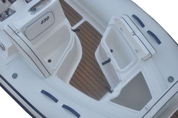 Manufacturer Provided Image: 2022 AB Inflatables ABJET 430XP boat interior with teak flooring and storage compartments.
