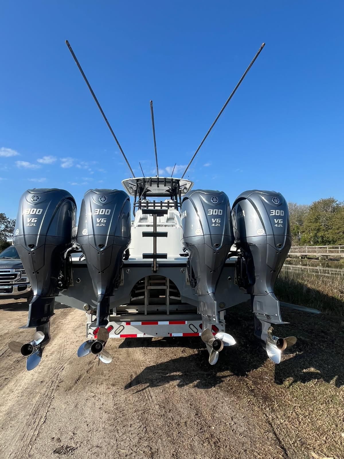 2017 Freeman 37VH boat with four outboard engines.