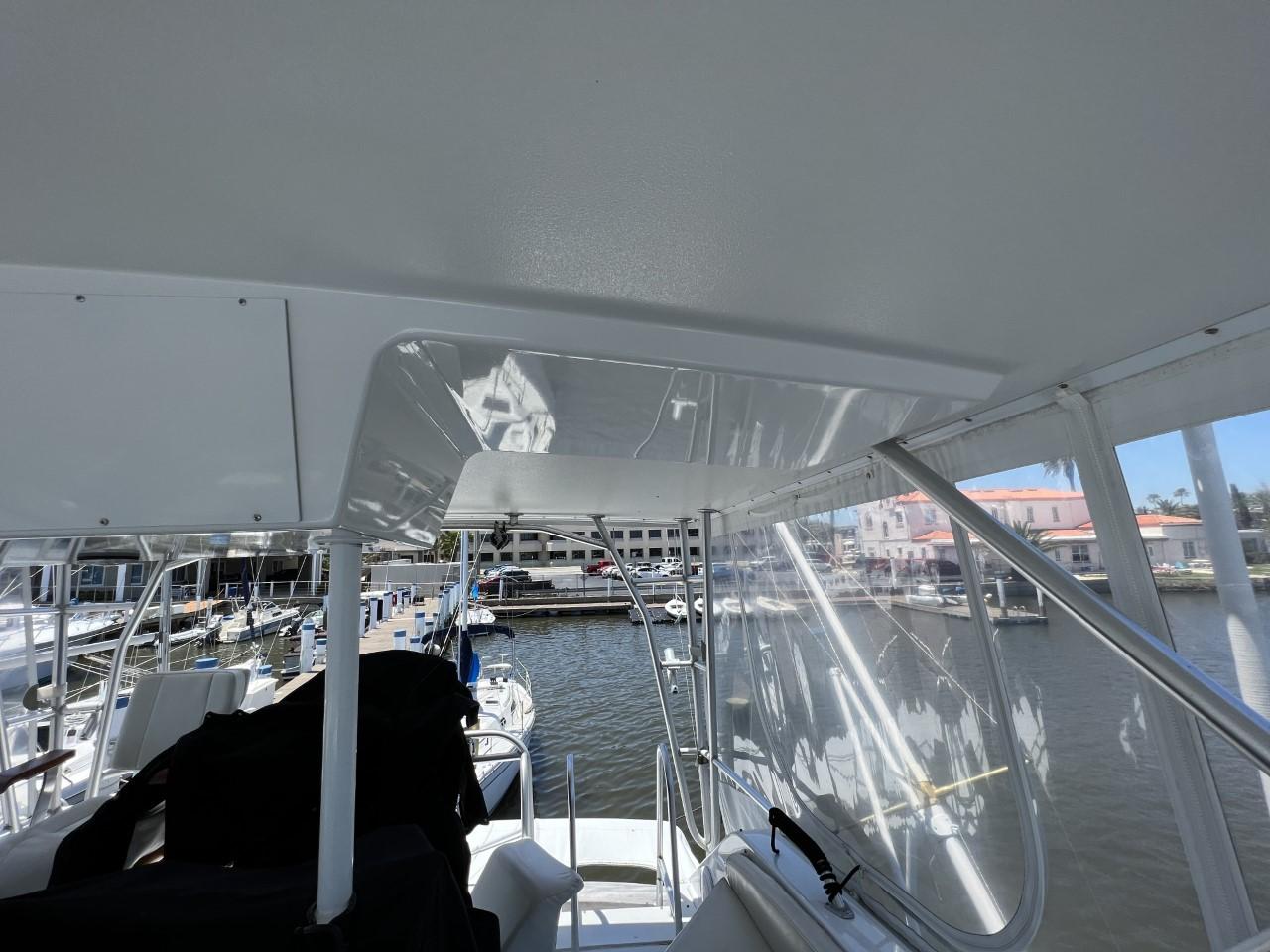 Interior view of a 1991 Viking Convertible boat in the harbor.