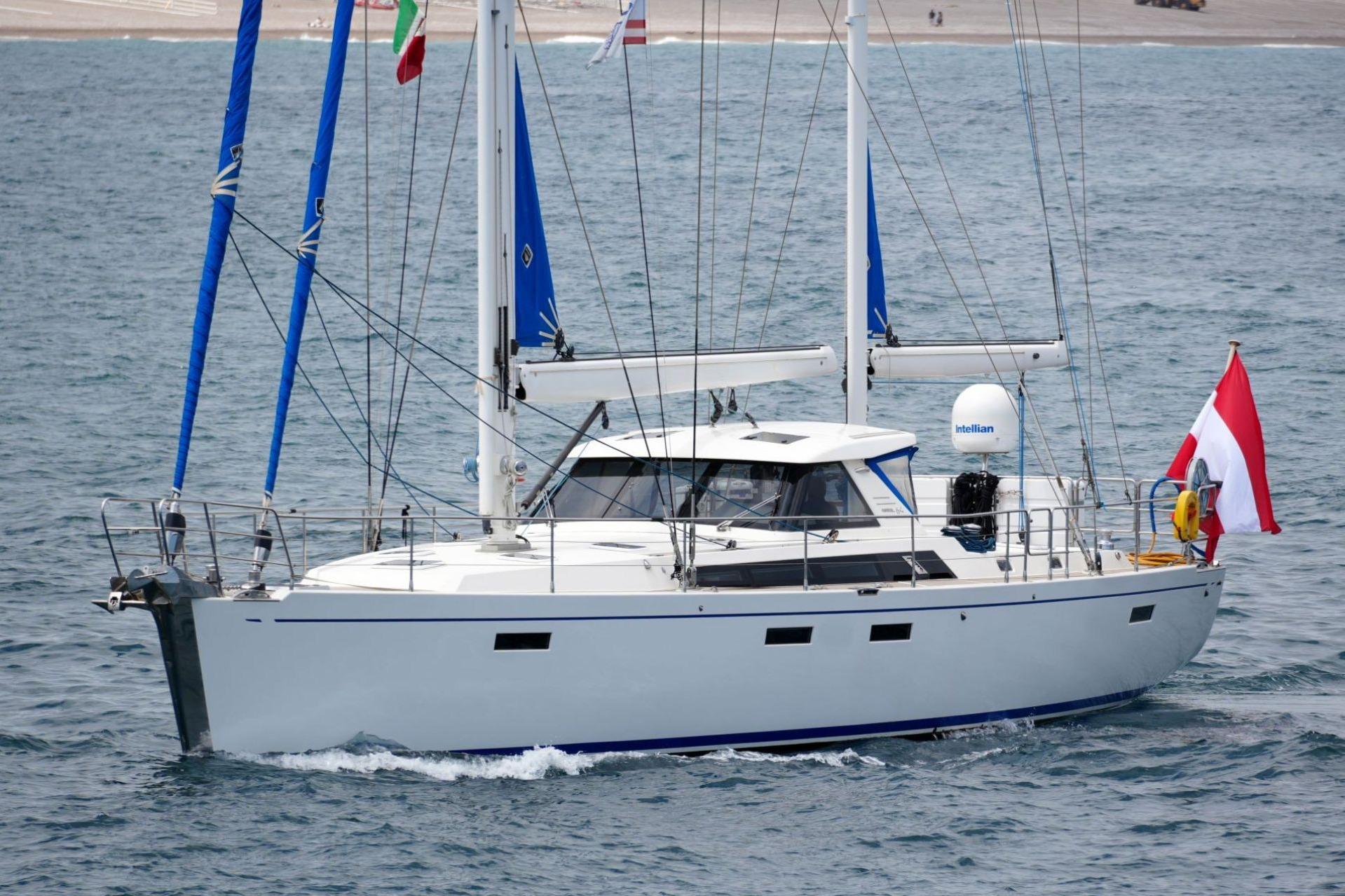 Sailing yacht Amel 64, 2018 model, cruising on the ocean with flags displayed.