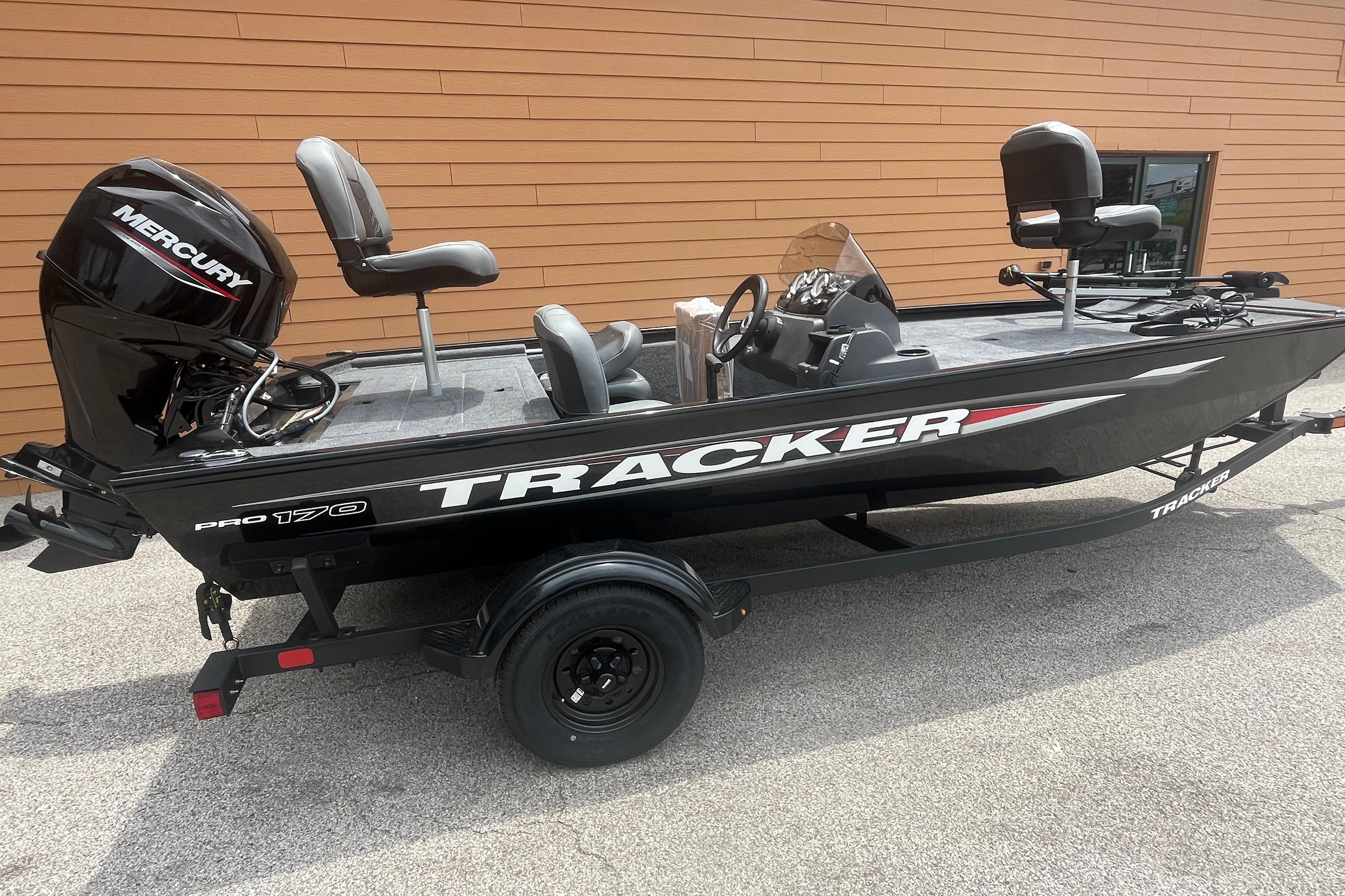 2026 Tracker Pro 170 fishing boat with Mercury engine, parked on a trailer.
