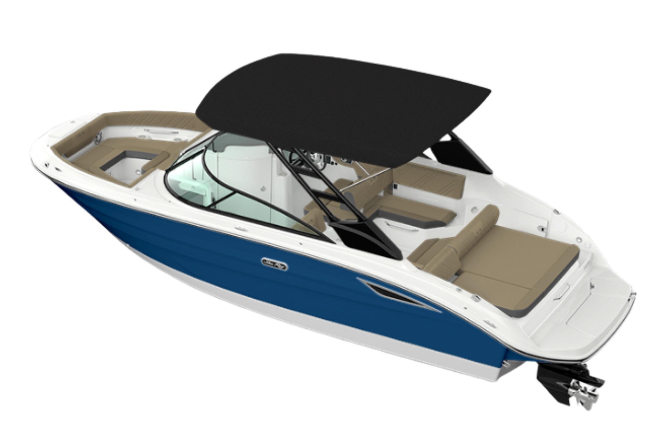 2026 Sea Ray SDX 250 boat with blue hull, black canopy, and spacious seating.