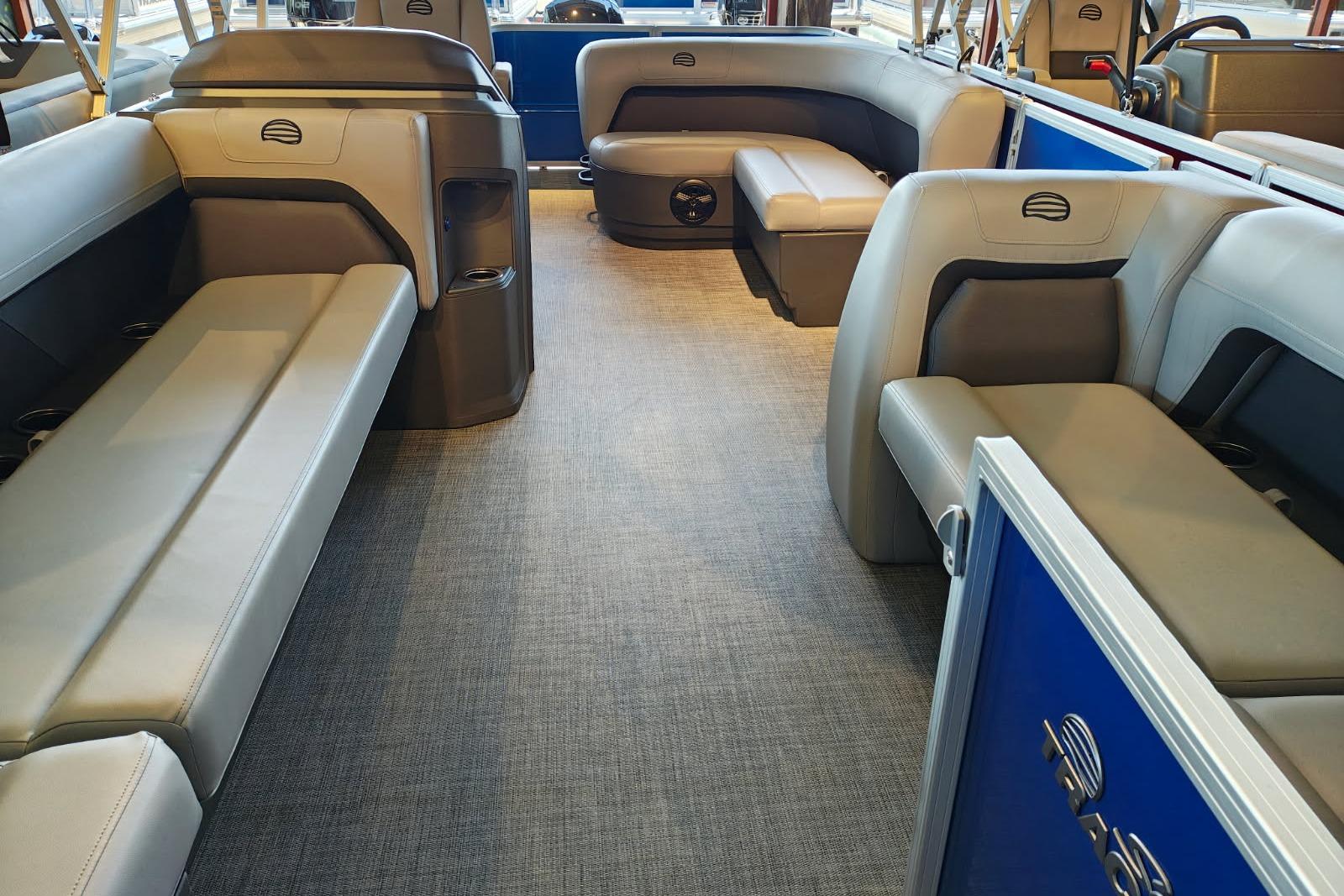 2026 Sun Tracker Party Barge 18 DLX interior with spacious seating and modern design.