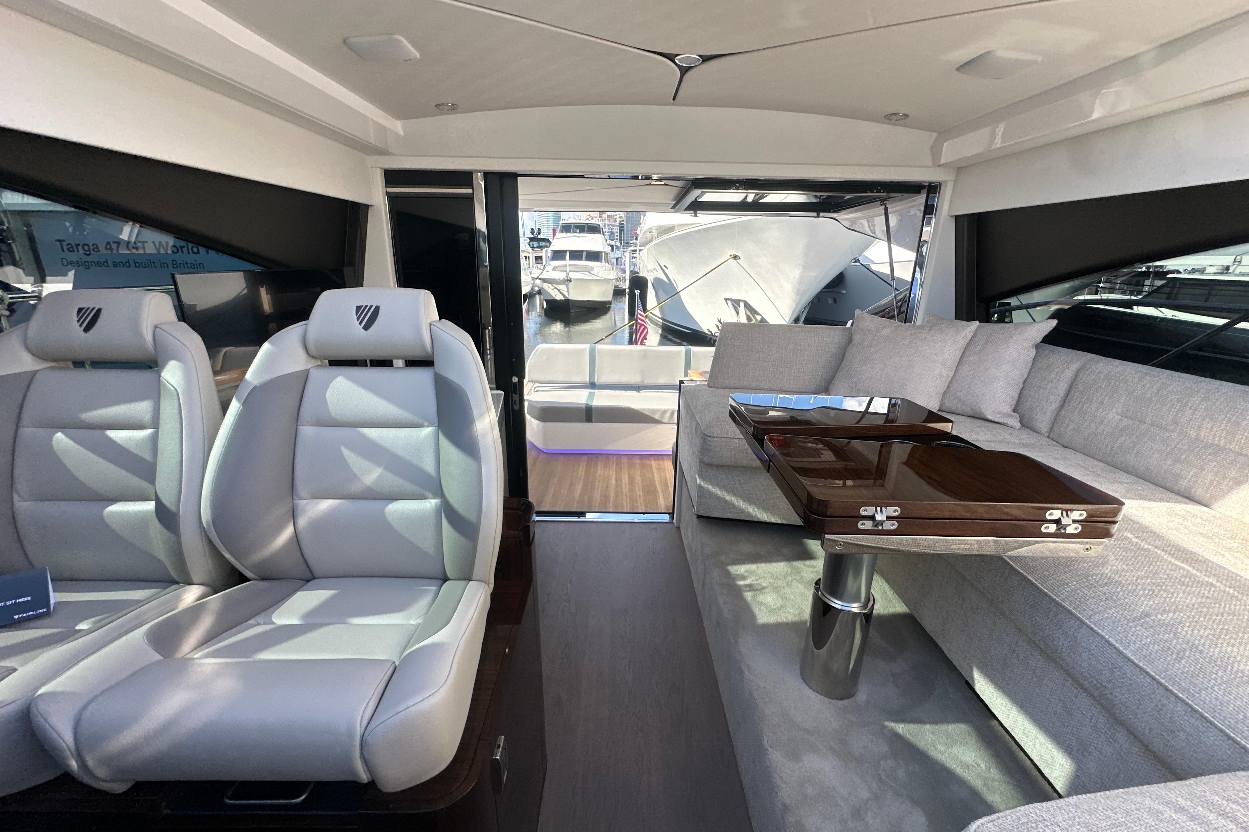 Interior of 2026 Fairline Targa 47 GT yacht with luxurious seating and modern design.