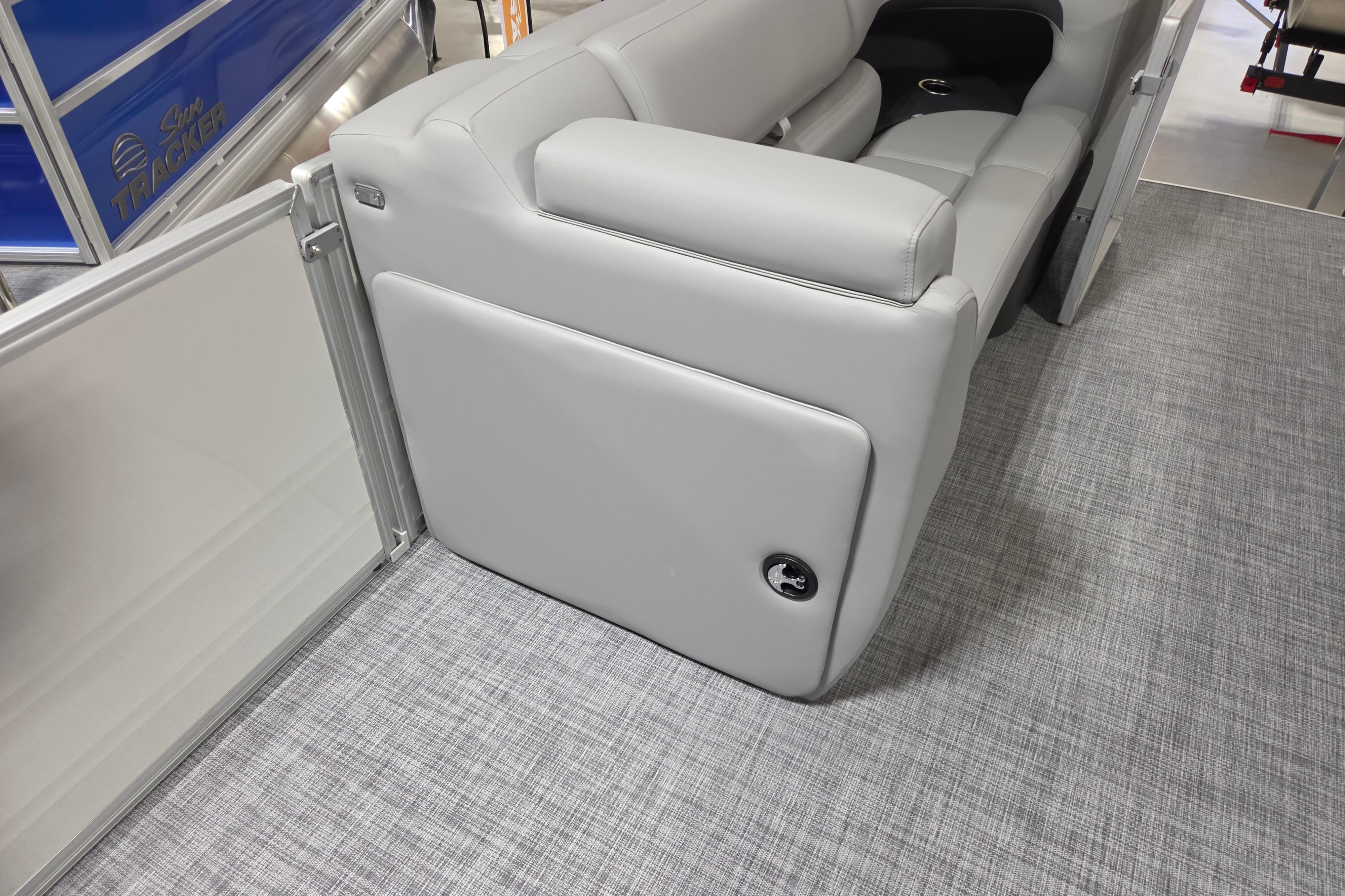 2026 Sun Tracker Party Barge 20 DLX interior with gray seating and flooring.
