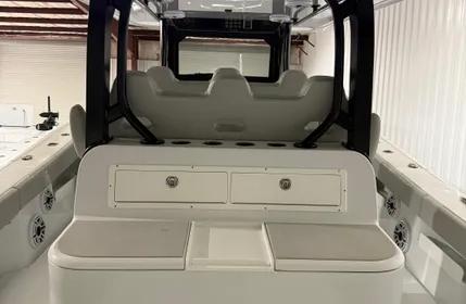 2022 Freeman 43 boat interior with seating and storage compartments.