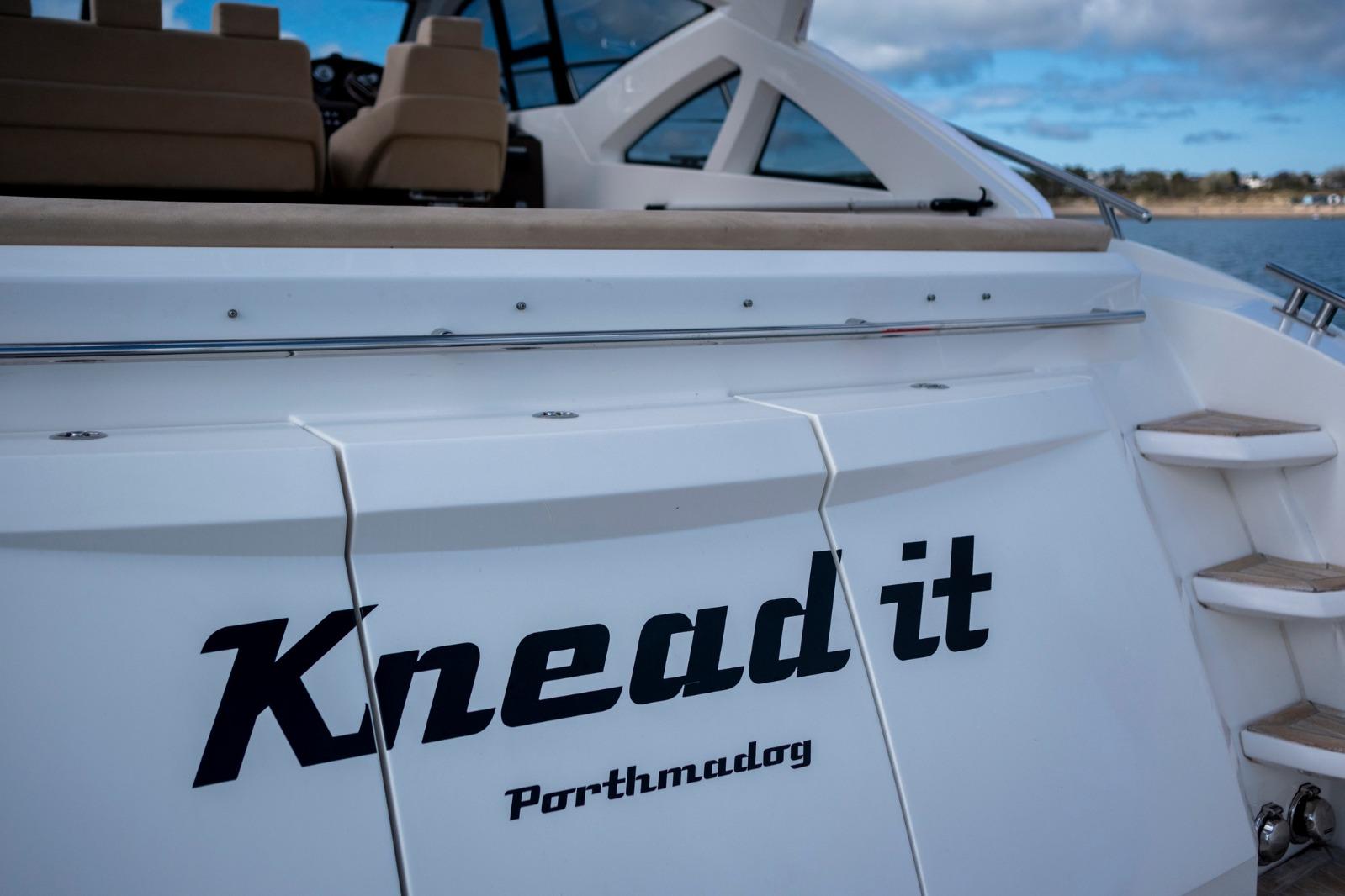 2019 Windy 46 Chinook yacht named "Knead it" docked in Porthmadog.