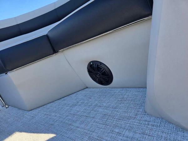2025 Berkshire 20 CL boat interior with black seating and speaker detail.
