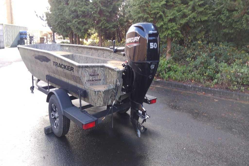 2026 Tracker Grizzly 1650 T Prairie Wings Edition boat with Mercury 50 engine.
