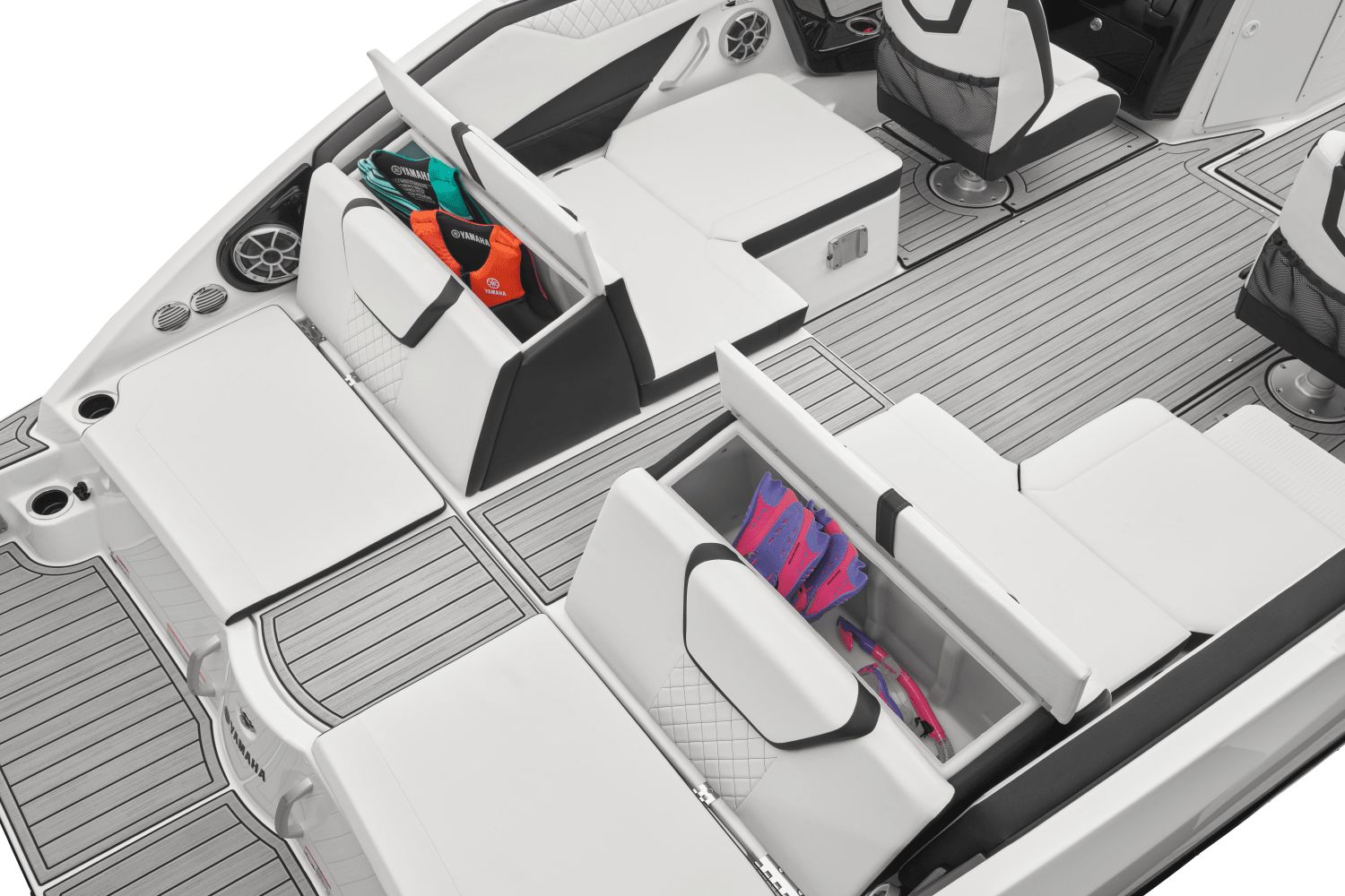 Yamaha Boats 222SD 2026: Spacious deck with white upholstery and storage for life jackets.
