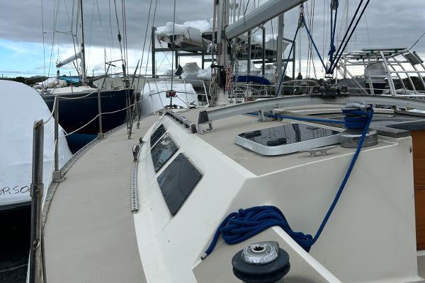 1983 O'Day 39 sailboat deck with rigging and hatches, docked among other boats.