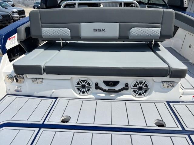 2026 Chaparral SSX 6 boat with gray seating and integrated speakers.