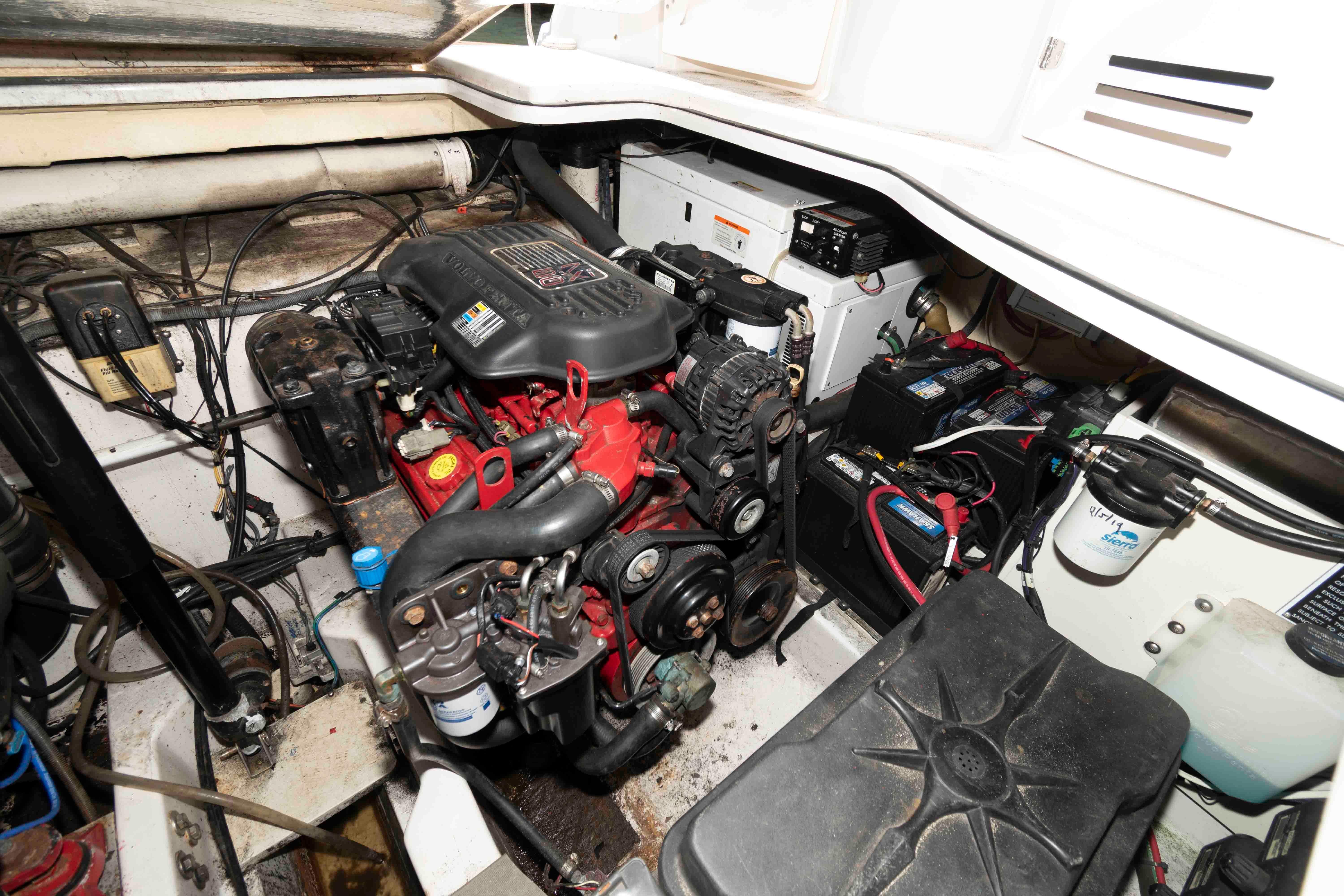 Engine compartment of a 2007 Four Winns 358 Vista boat, showcasing mechanical components.