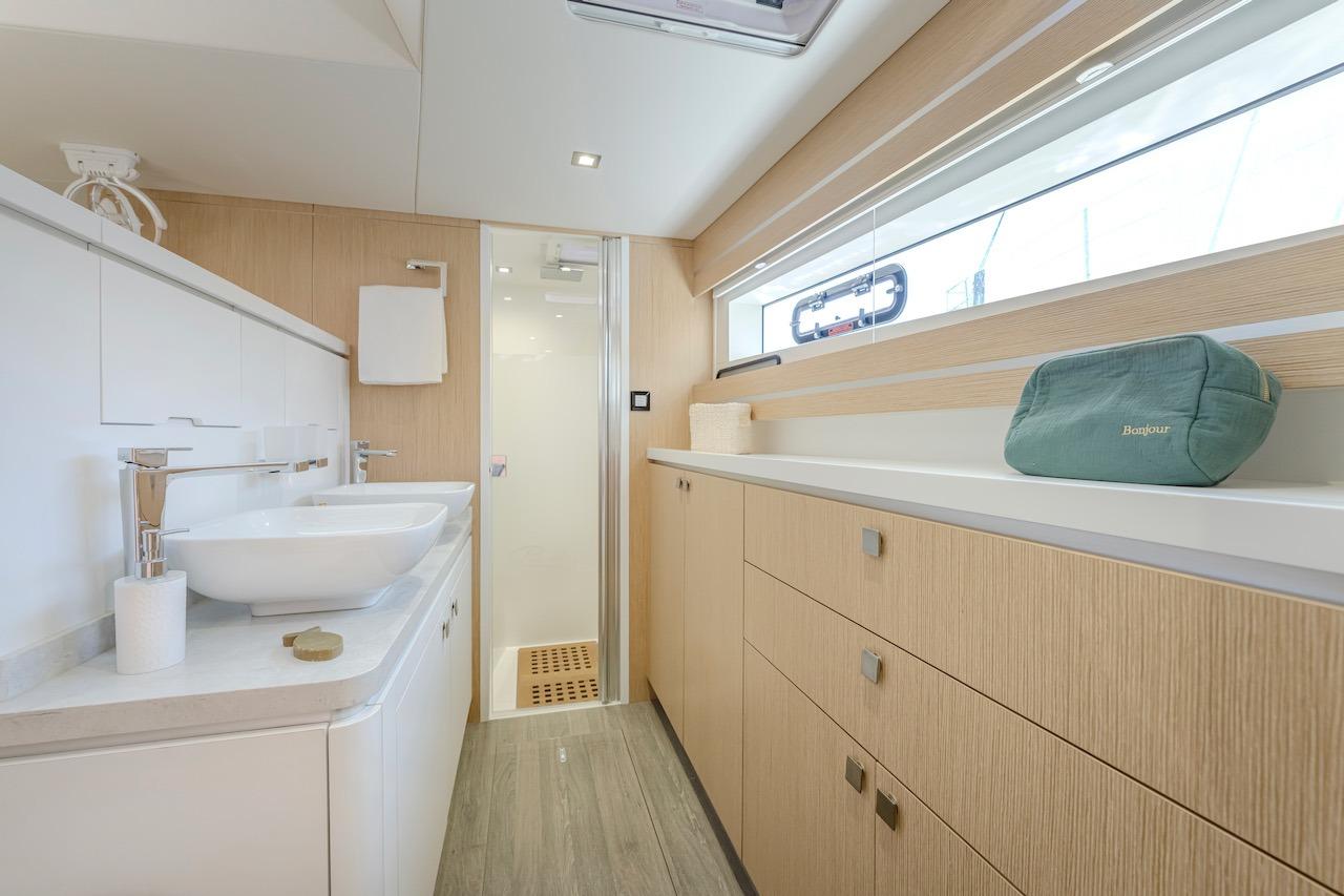 Luxurious bathroom on Privilege Signature 510 yacht, year 2025.