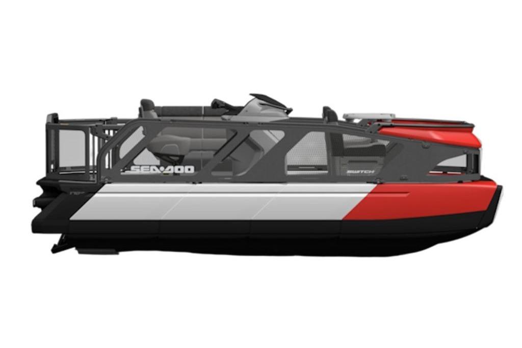 2026 Sea-Doo Switch Compact pontoon boat, side view, red and white design.