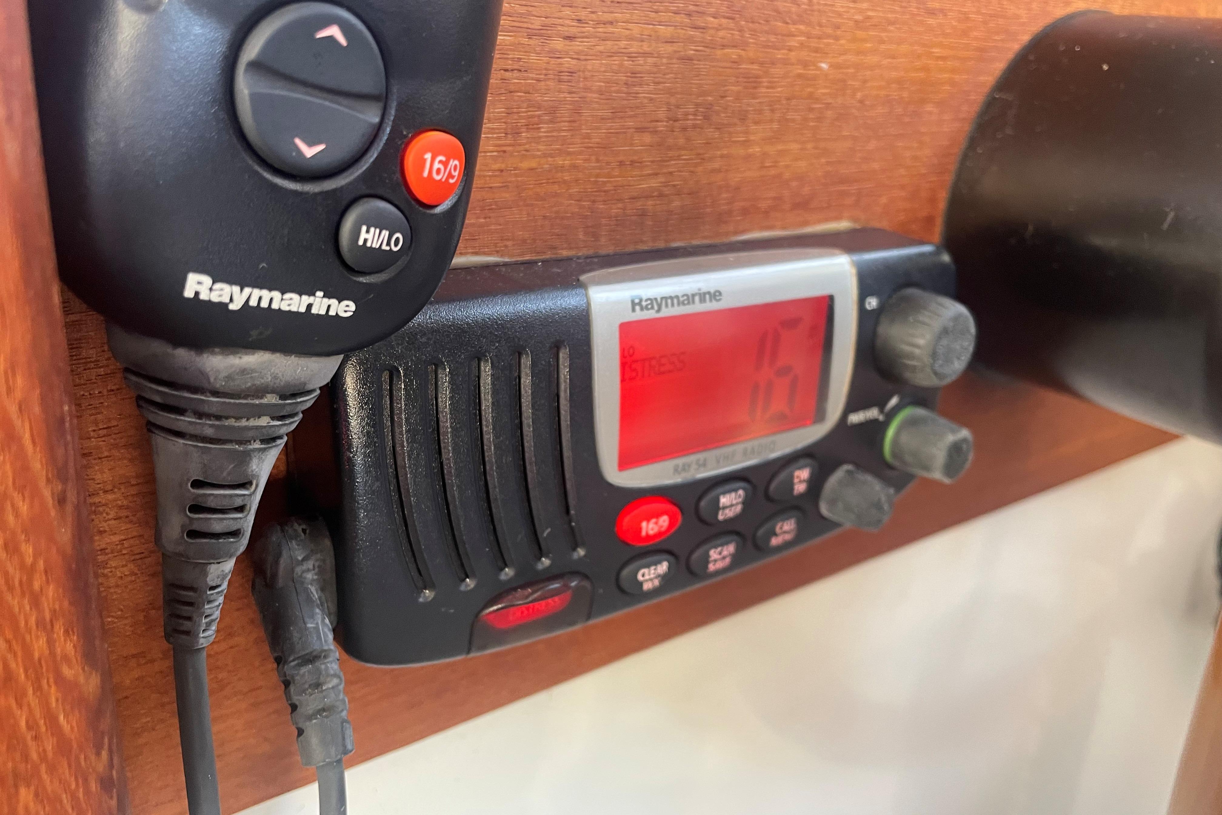 Raymarine marine radio on 2007 Ranger Tugs R-25, displaying distress channel 16.