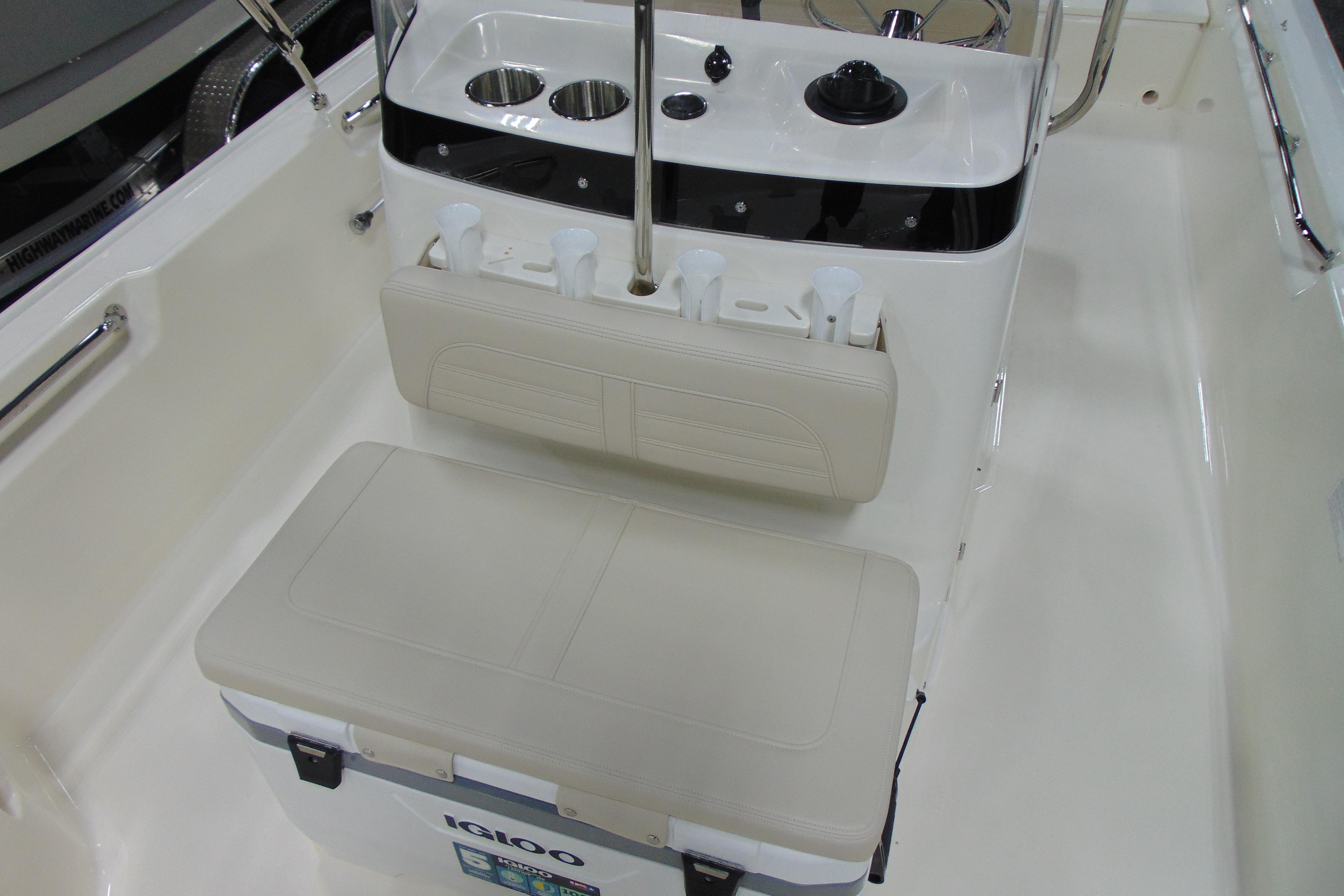 2026 Boston Whaler 190 Montauk interior with seating and console details.