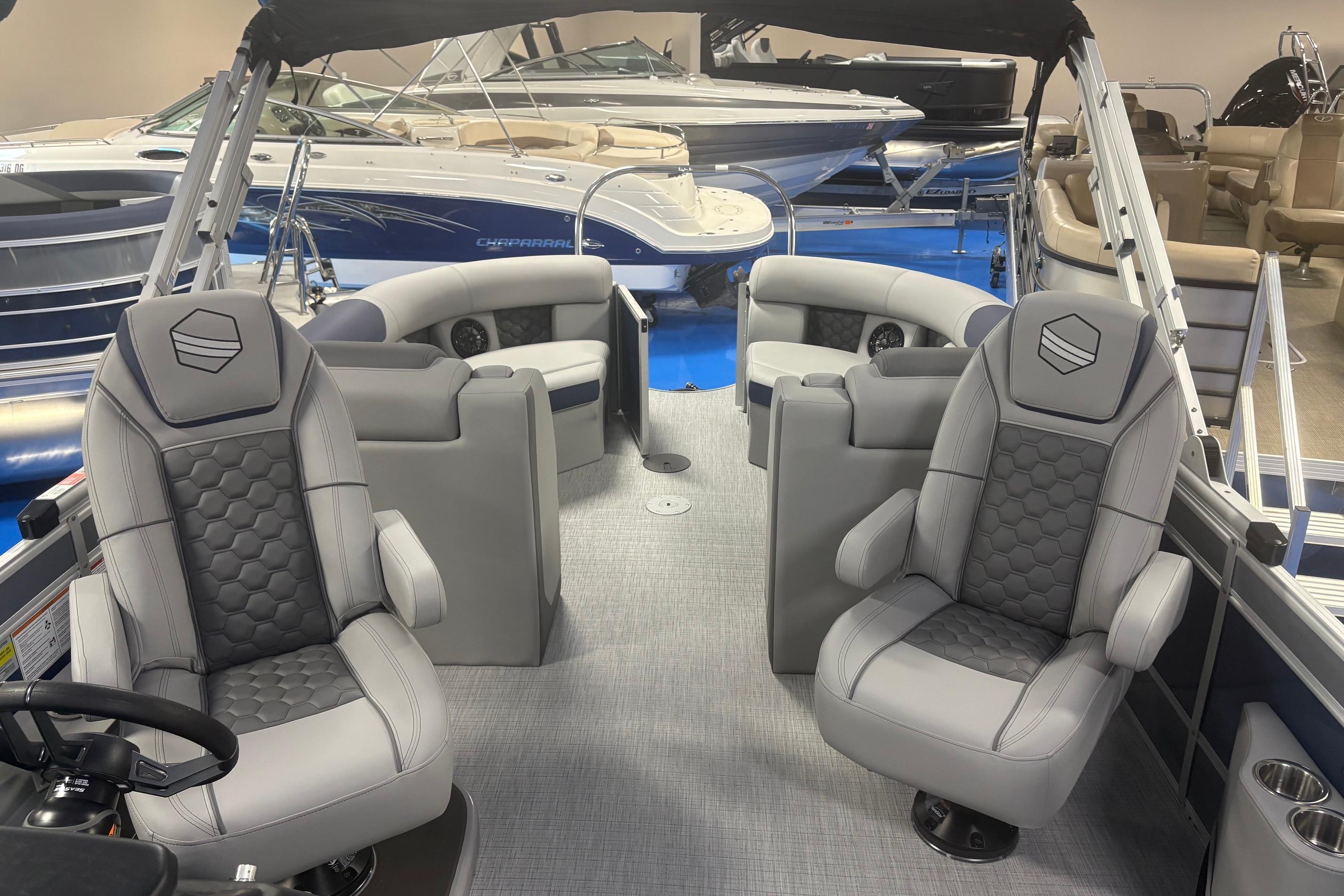 Interior of 2026 South Bay 523RS pontoon boat with luxurious seating and modern design.