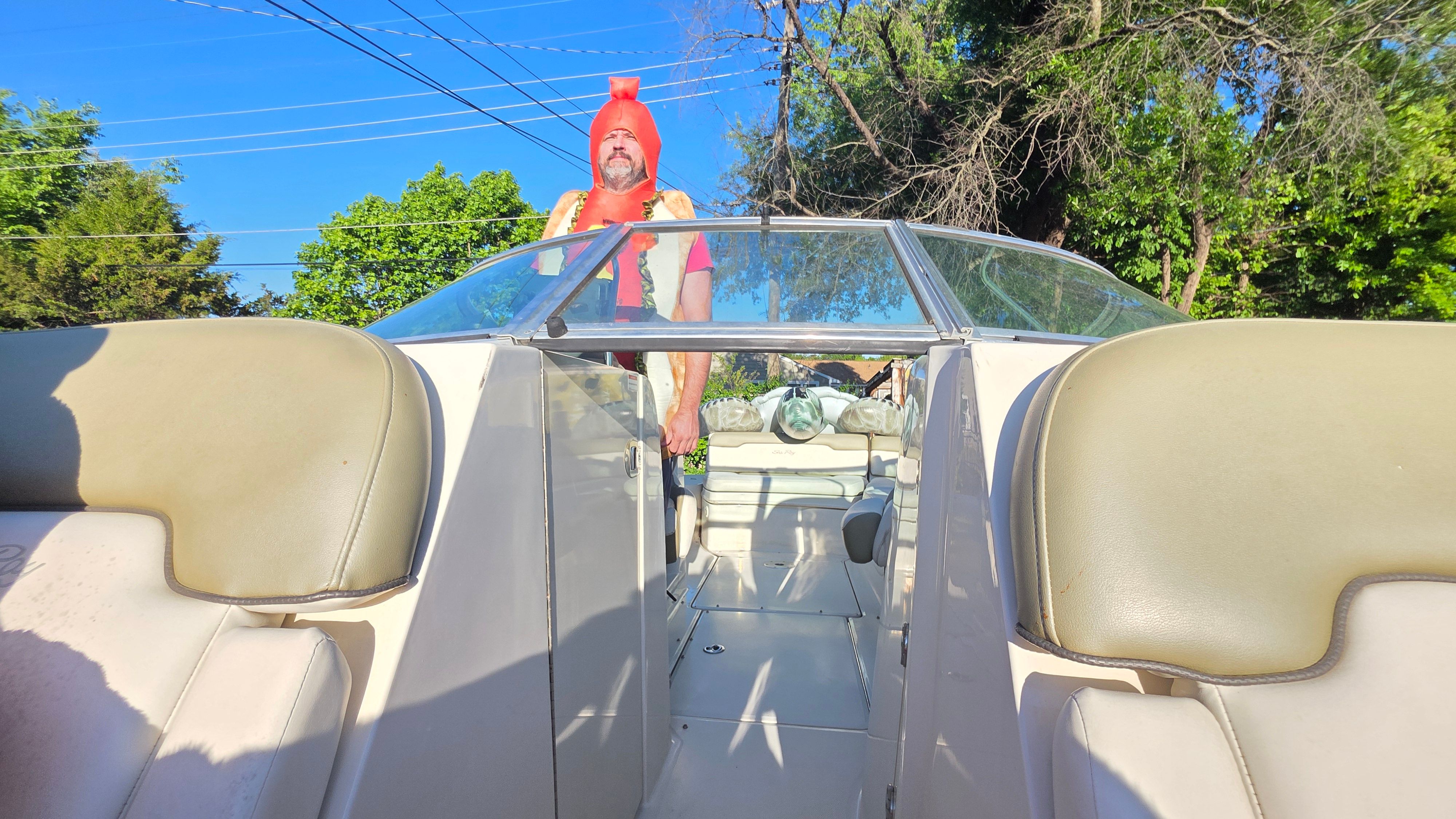 Man in costume on Sea Ray 260 Sundeck boat, 2007 model.
