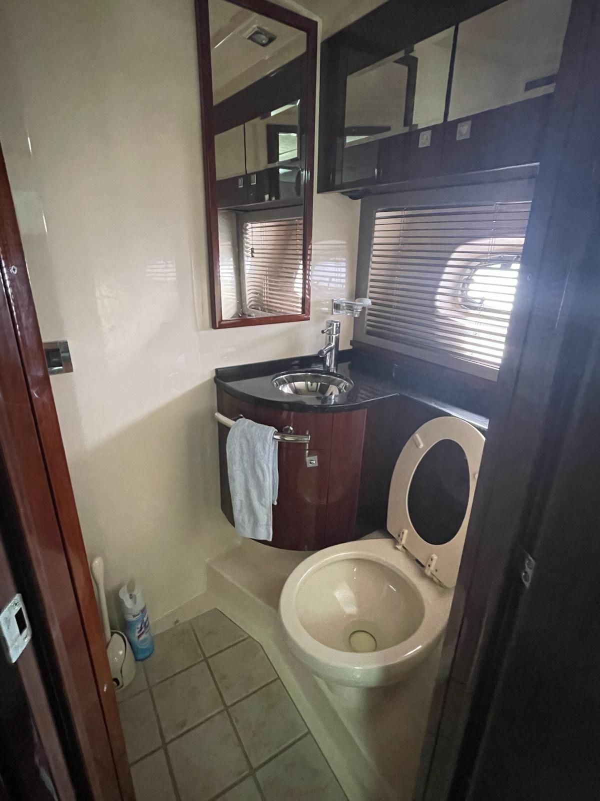 Bathroom of a 2010 Sea Ray 450 yacht with toilet and sink.