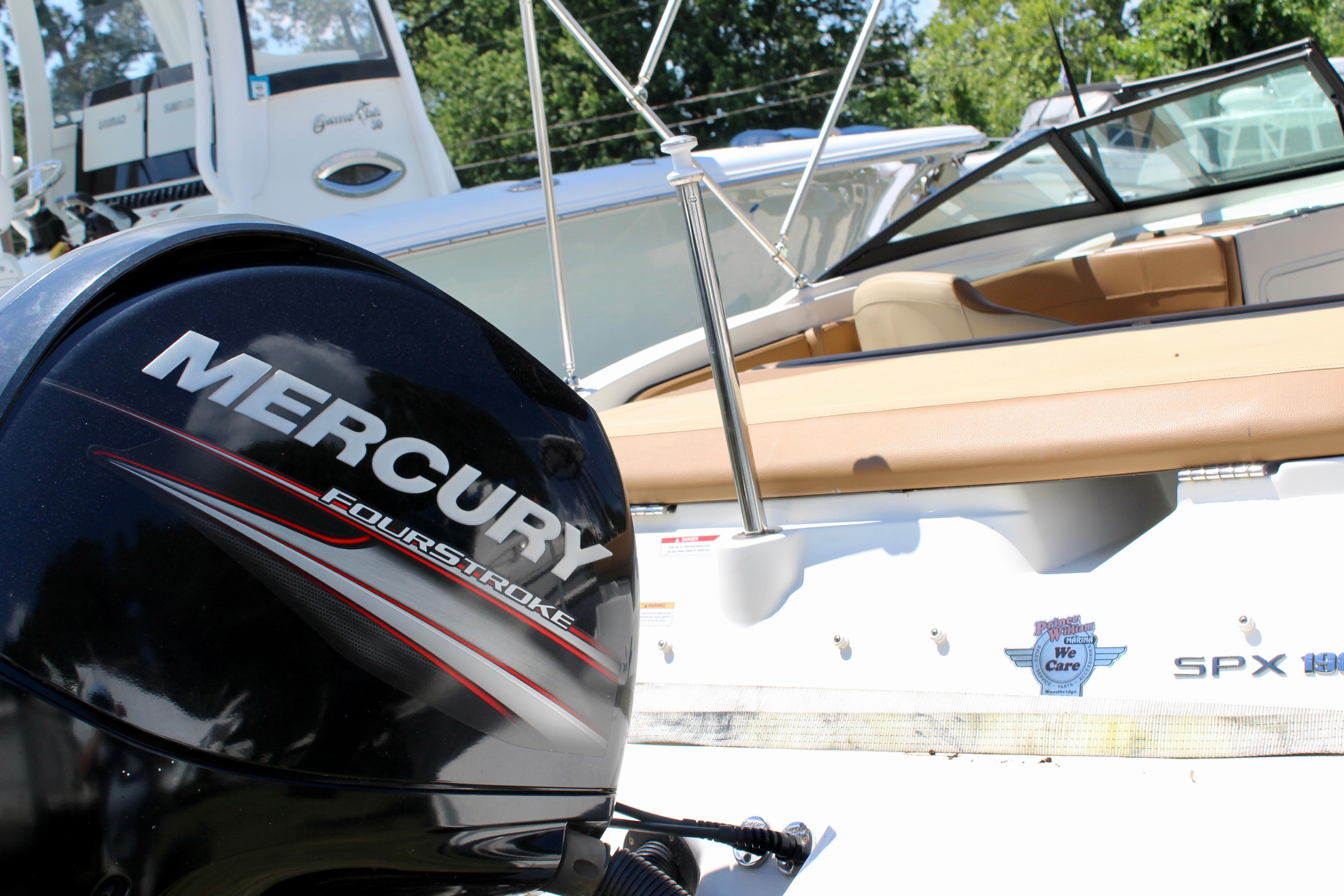 2018 Sea Ray SPX 190 Outboard with Mercury FourStroke engine, docked in a sunny marina.