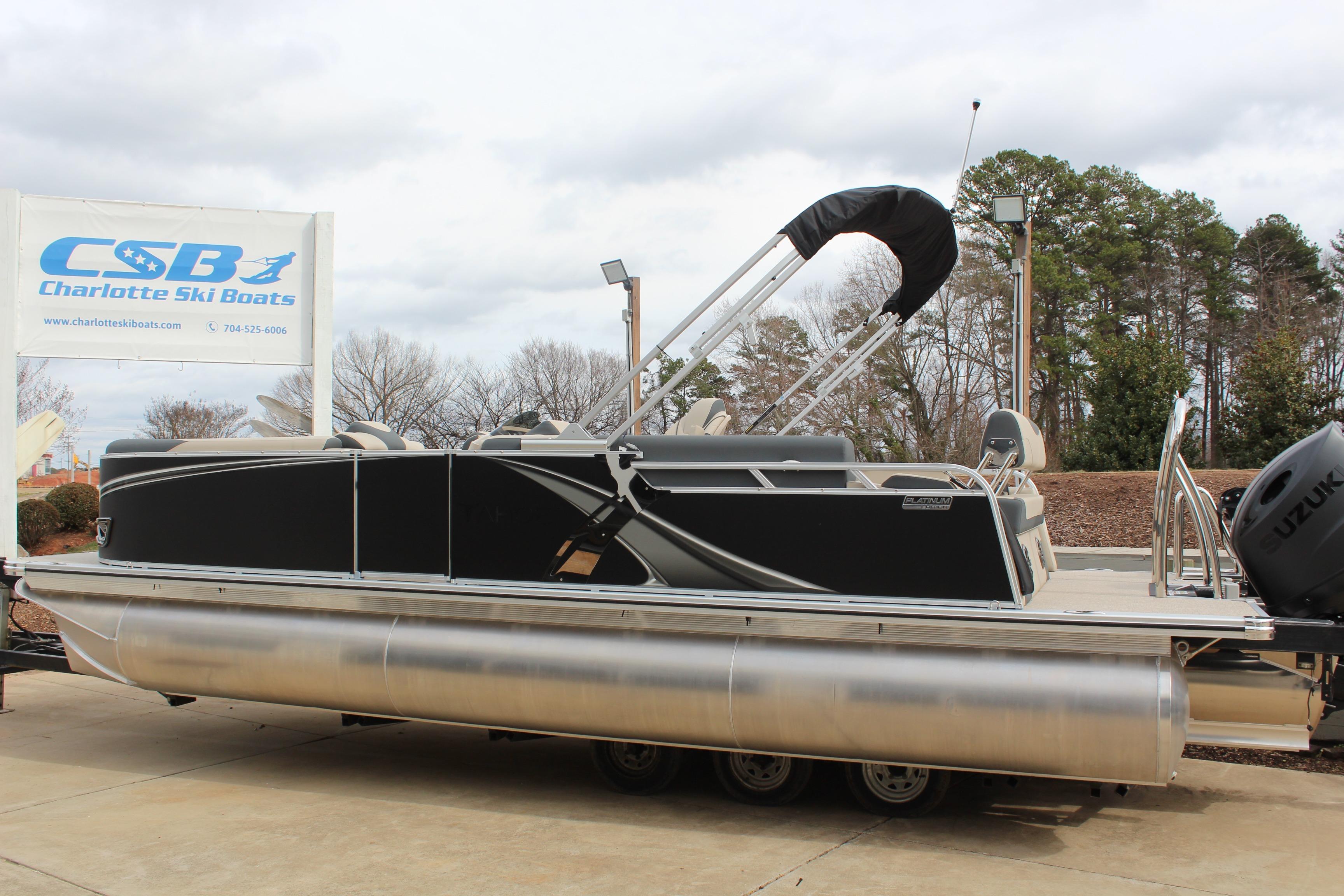 2026 Tahoe Pontoon LTZ boat displayed at Charlotte Ski Boats dealership.