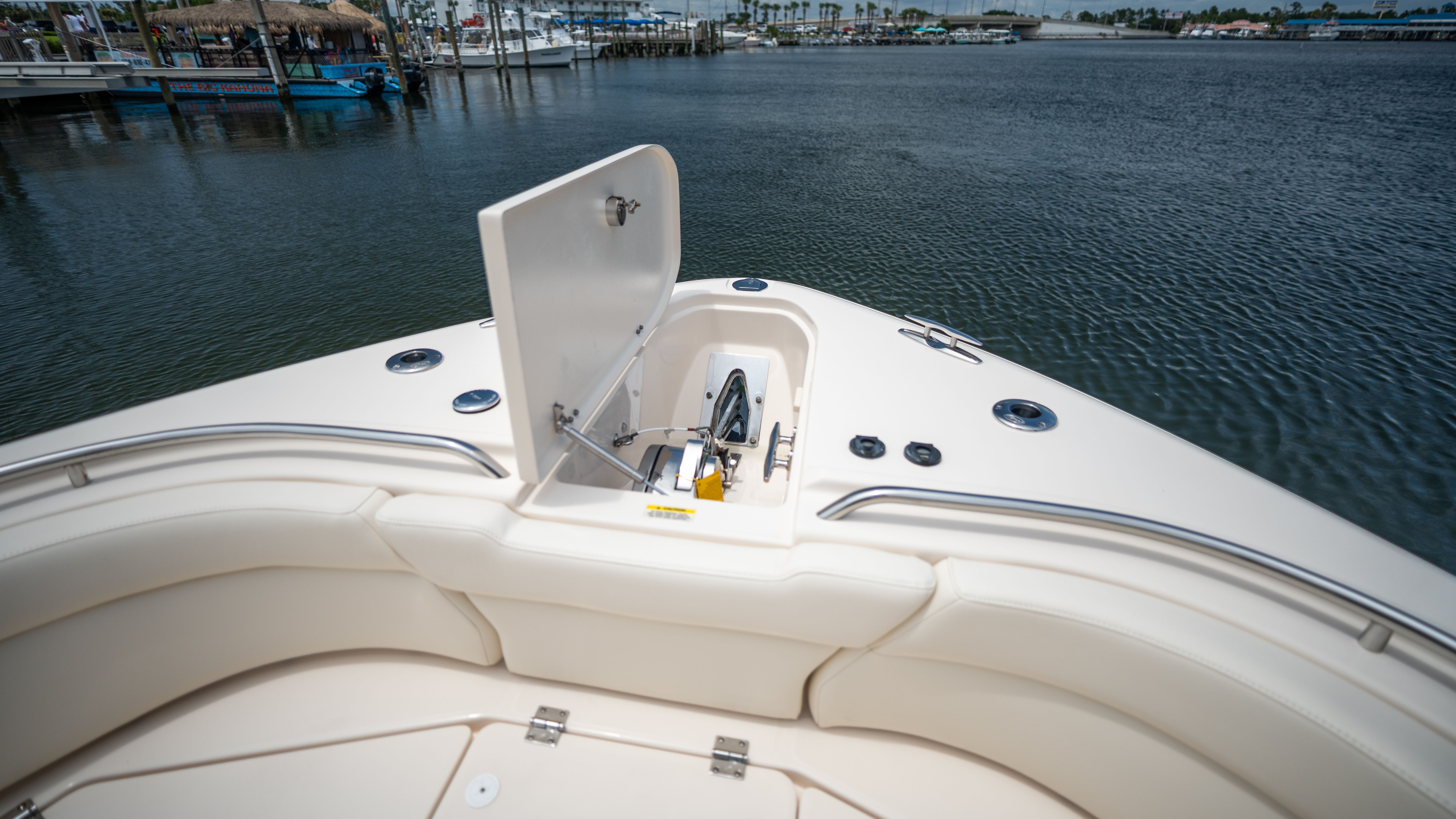 Bow view of the Grady-White 375 Freedom with anchor compartment.