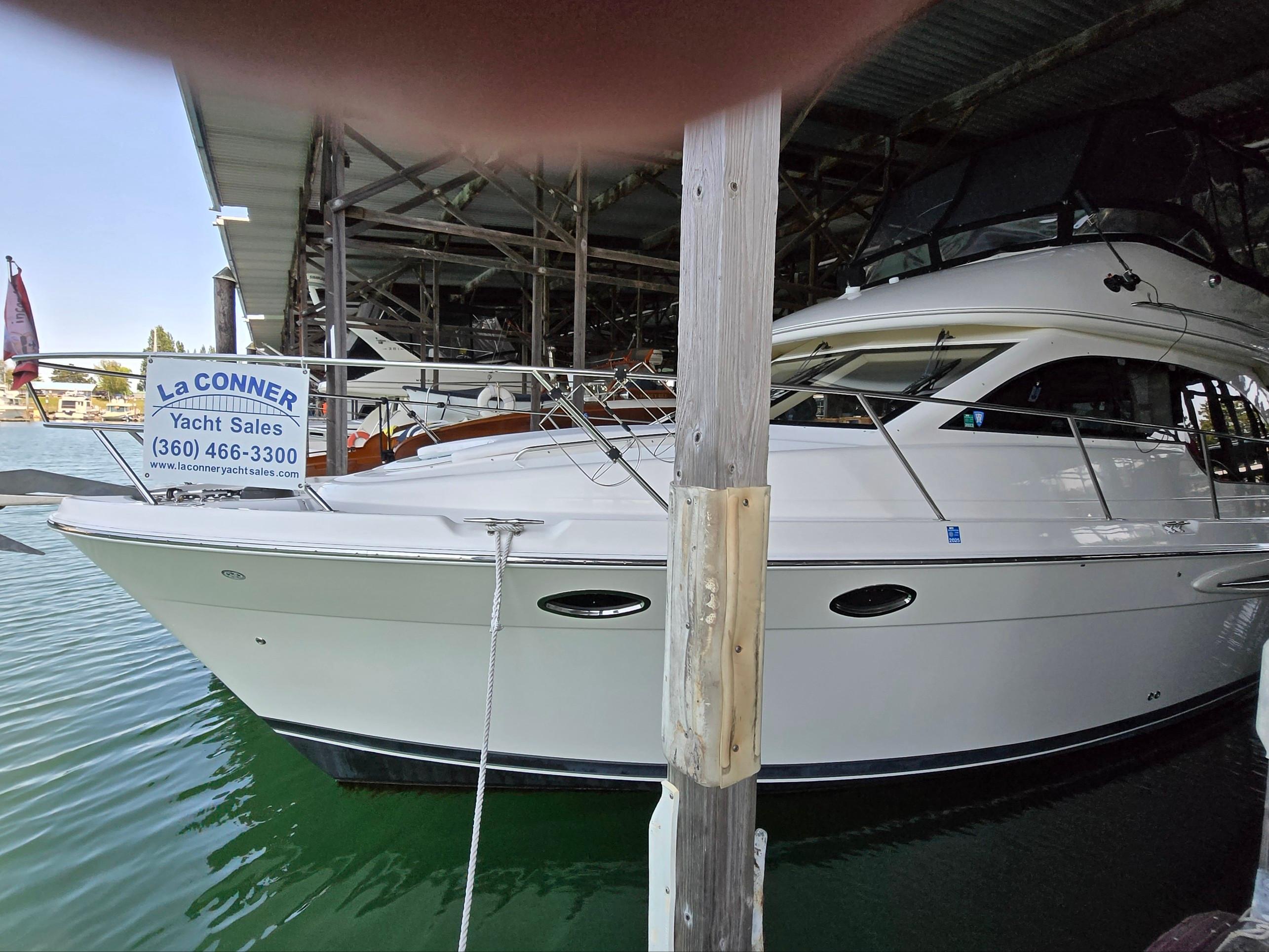 2004 Meridian 381 Sedan yacht docked at La Conner Yacht Sales marina.