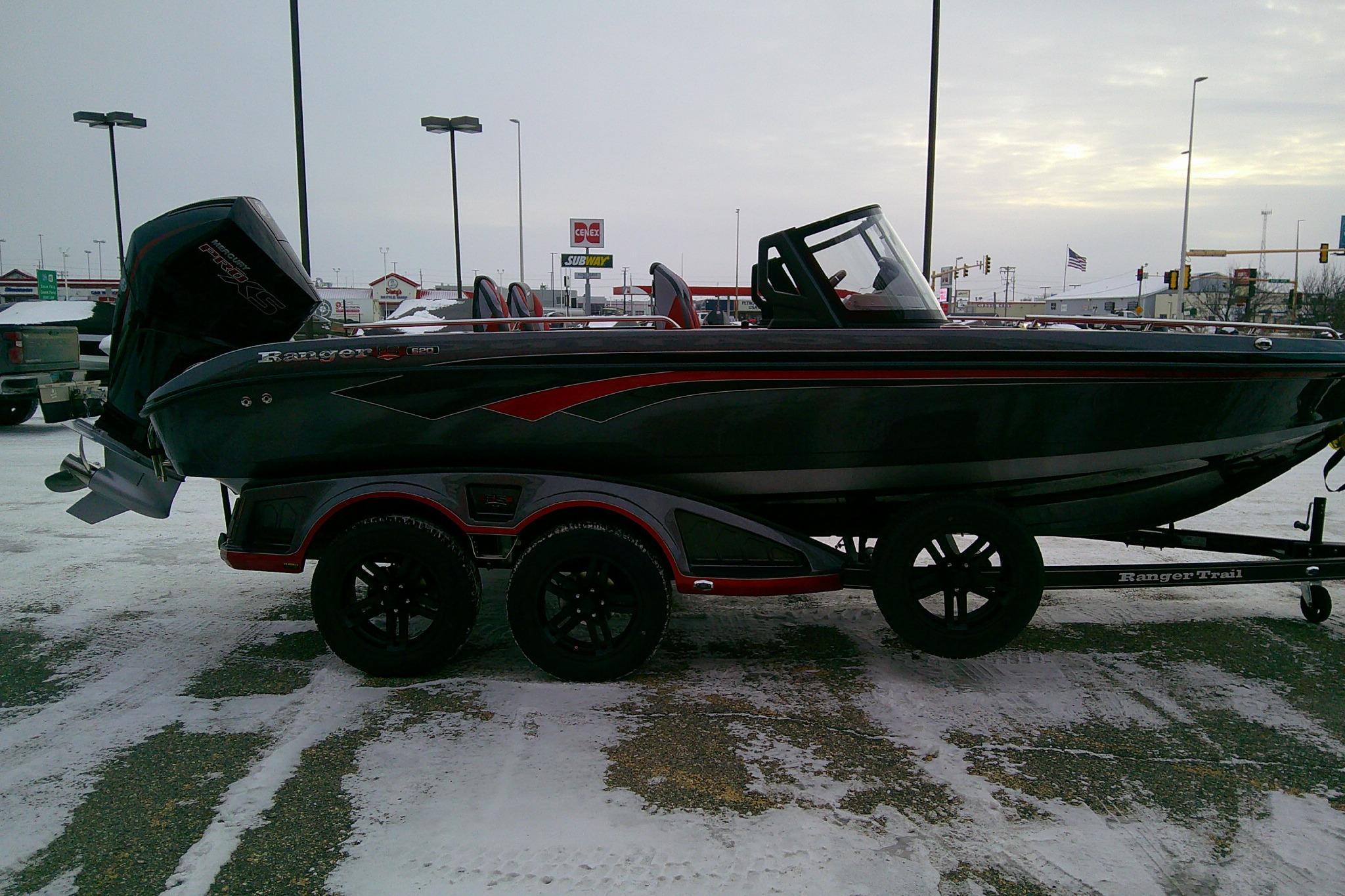 2026 Ranger 620FS Cup Equipped boat on trailer in snowy parking lot.