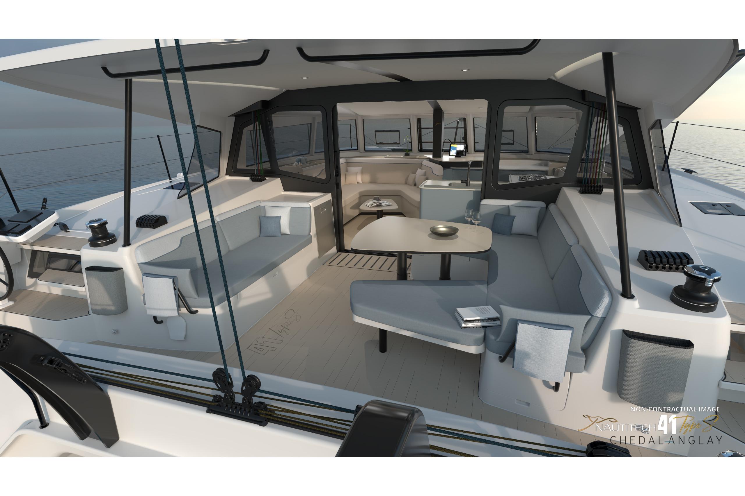 Nautitech 41 Type S 2026, modern catamaran interior with stylish seating area.