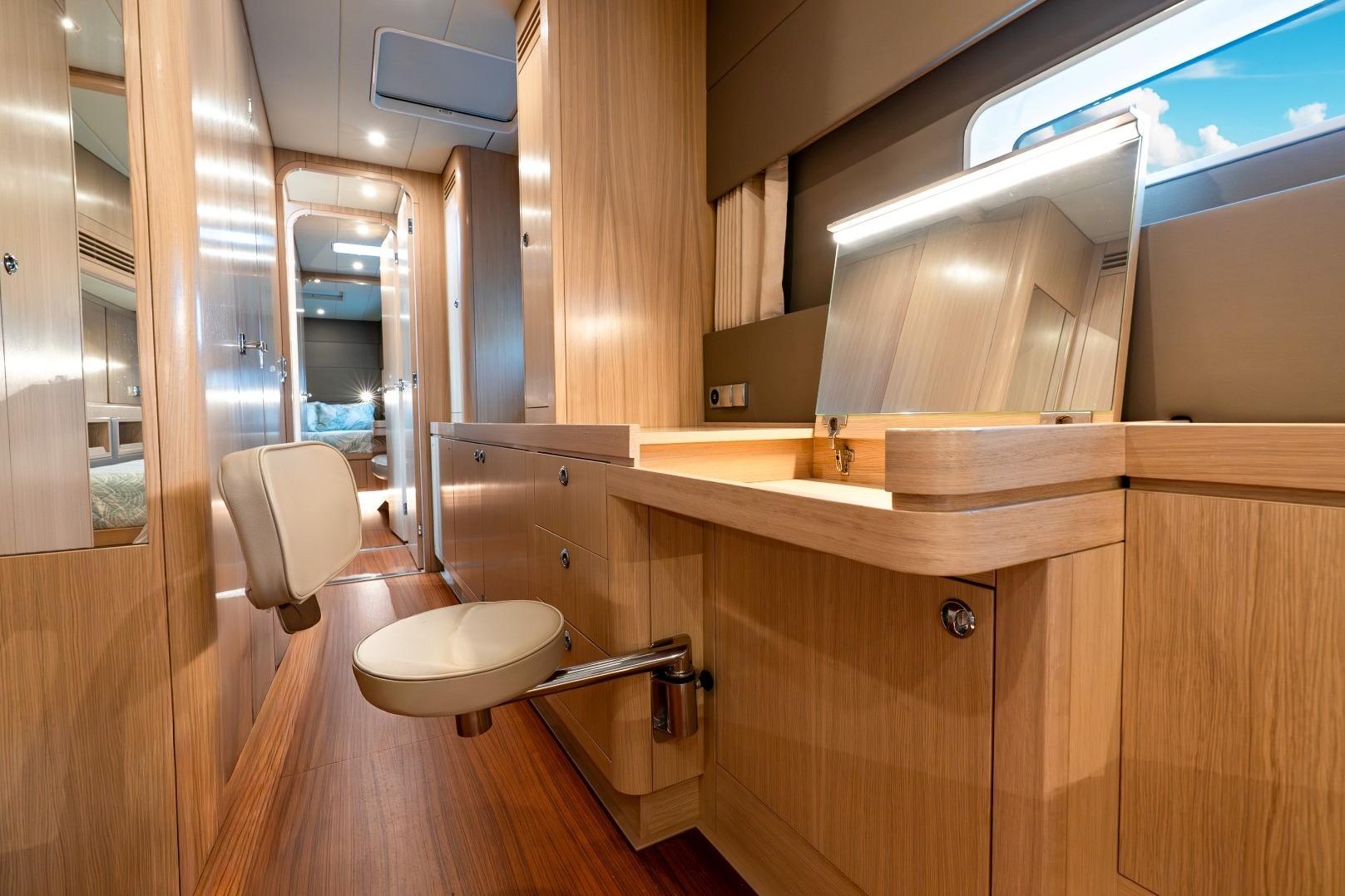 Luxurious interior of 2019 Ocean Explorer Catamarans 60, featuring elegant wood finishes and modern design.