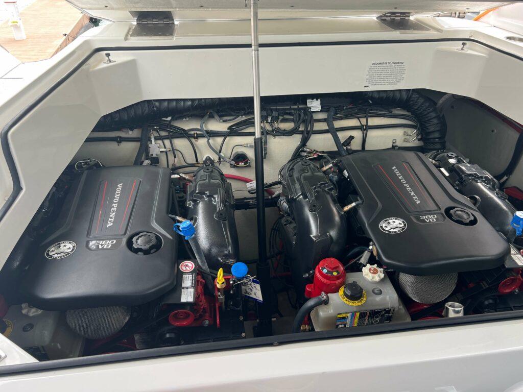 Engine compartment of a 2020 Cobalt A36BR boat, featuring dual Volvo Penta engines.