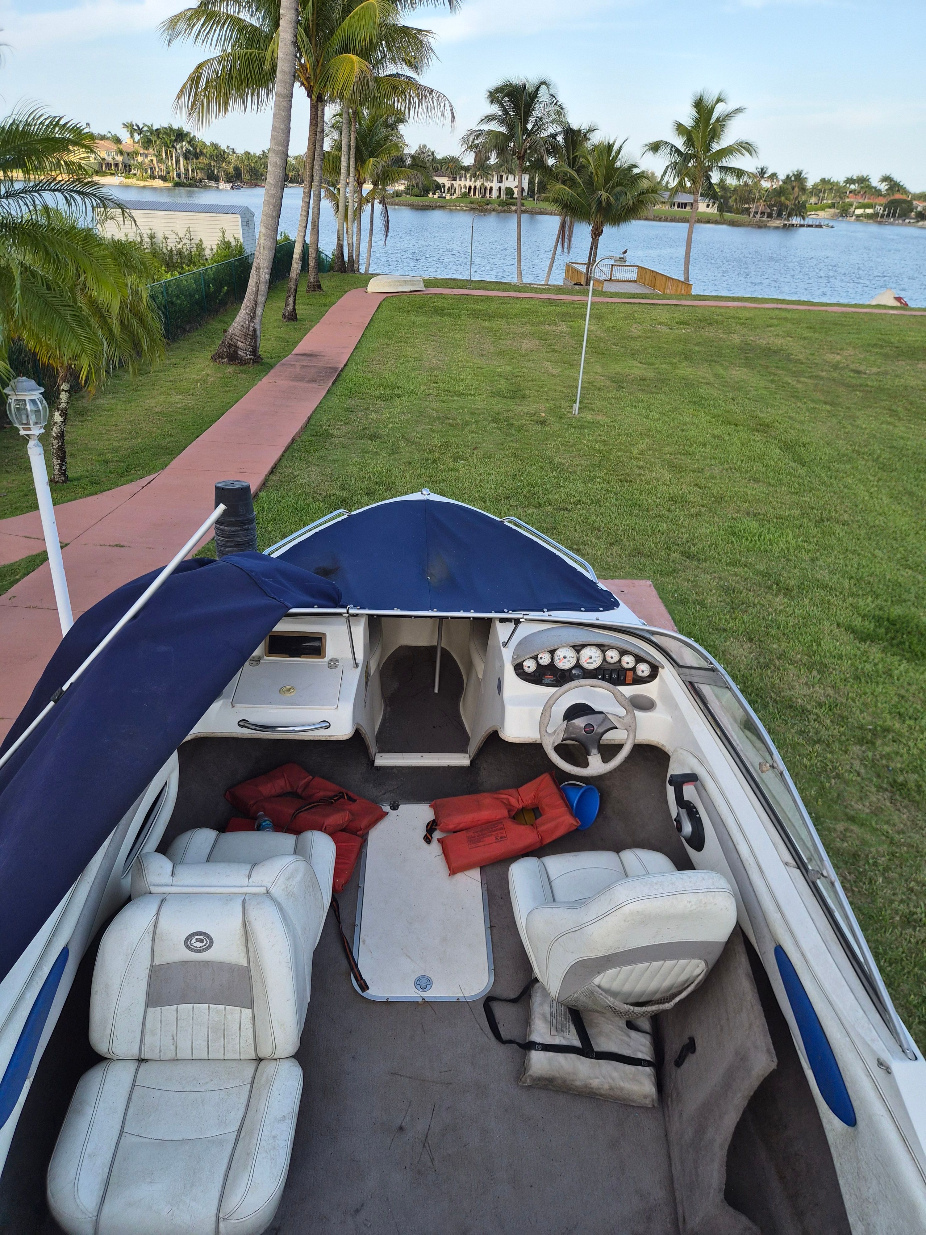 A 2008 Stingray 195 CS/CX boat with white interior and blue accents, parked by the shore.