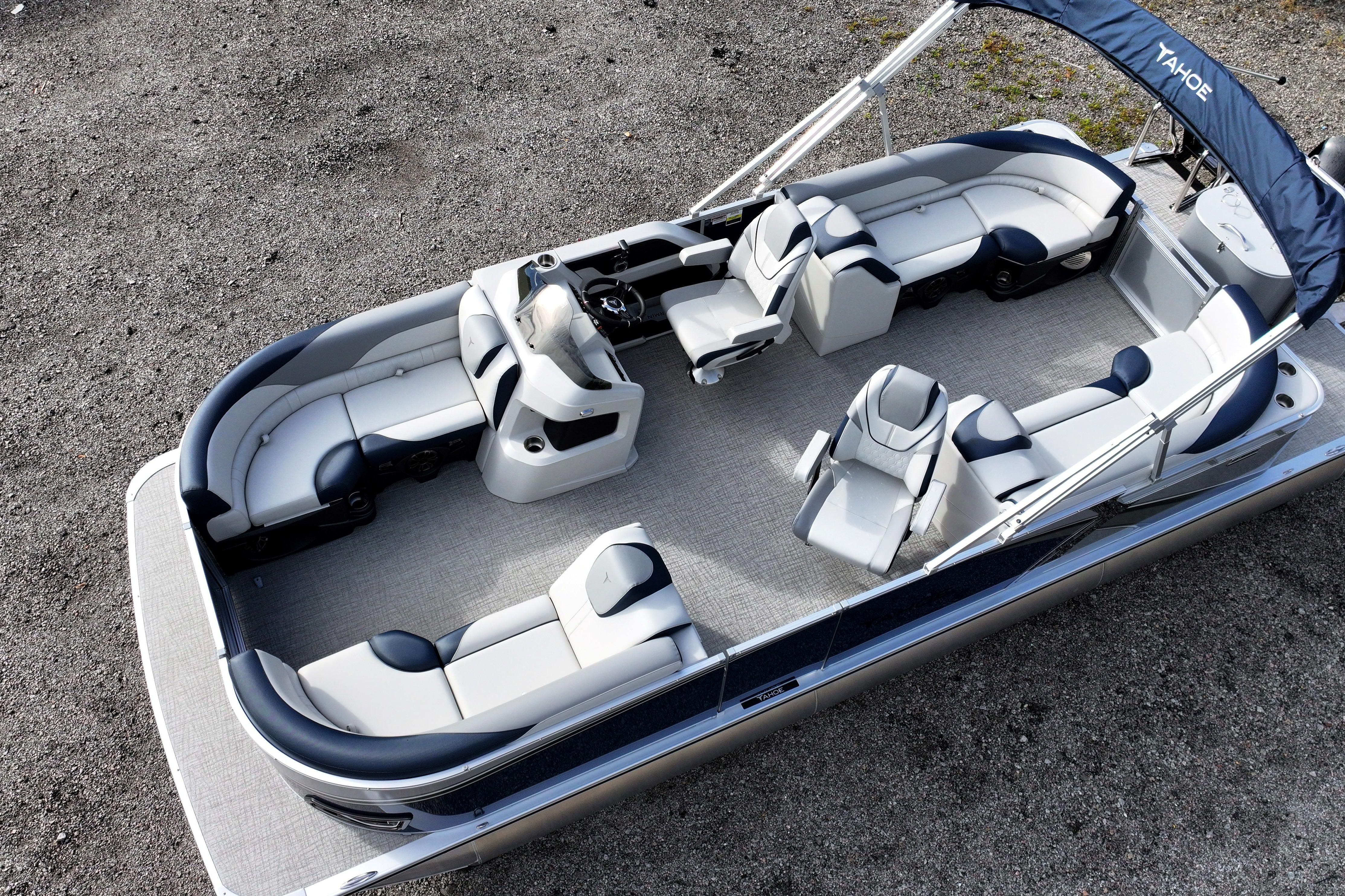 2026 Tahoe Pontoon LTZ Quad Lounger, spacious seating, elegant design, outdoor setting.