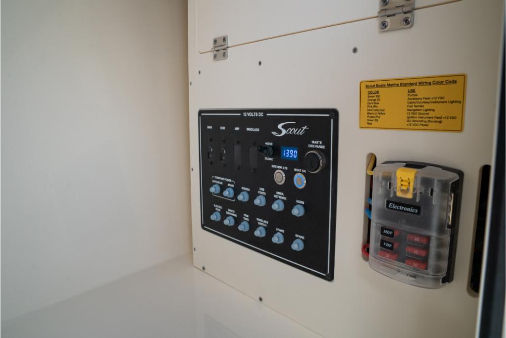 Control panel of 2023 Scout 240 Dorado boat with electronic switches and wiring guide.
