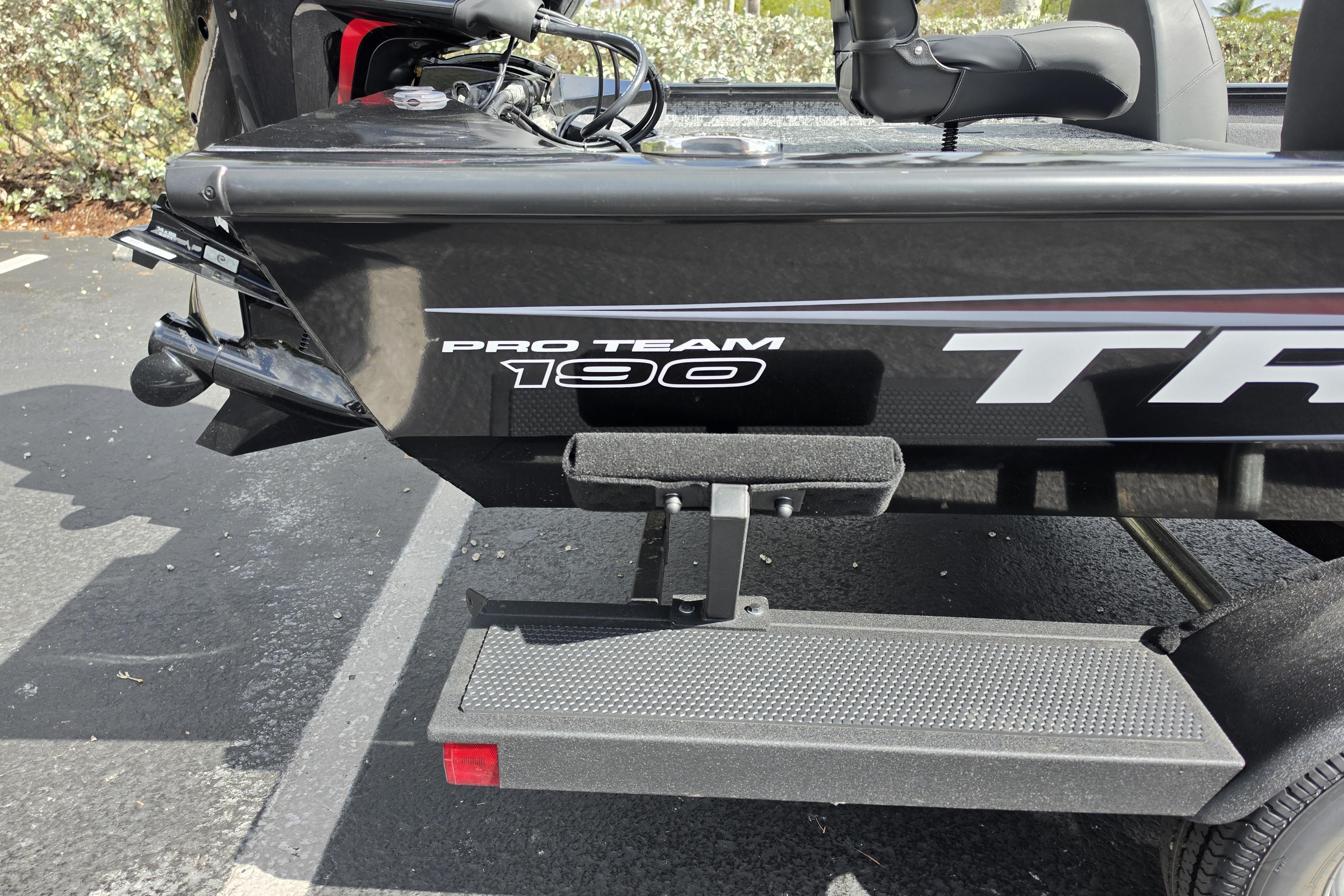 2026 Tracker Pro Team 190 boat rear view, parked on a trailer.