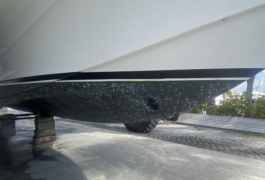 Custom Axcell Yachts 650 Power Catamaran 2010 hull detail, dry docked for maintenance.