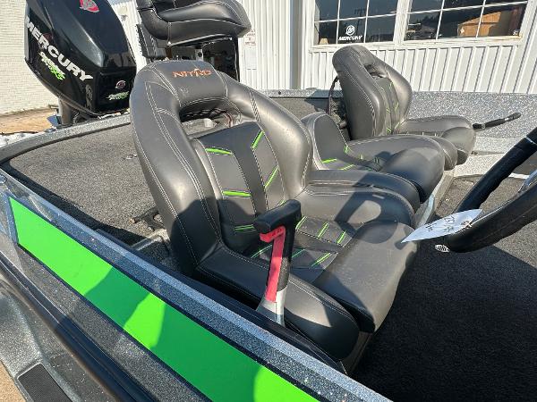 2017 Nitro Z21 Z-Pro High Performance boat seats with green accents and Mercury engine.