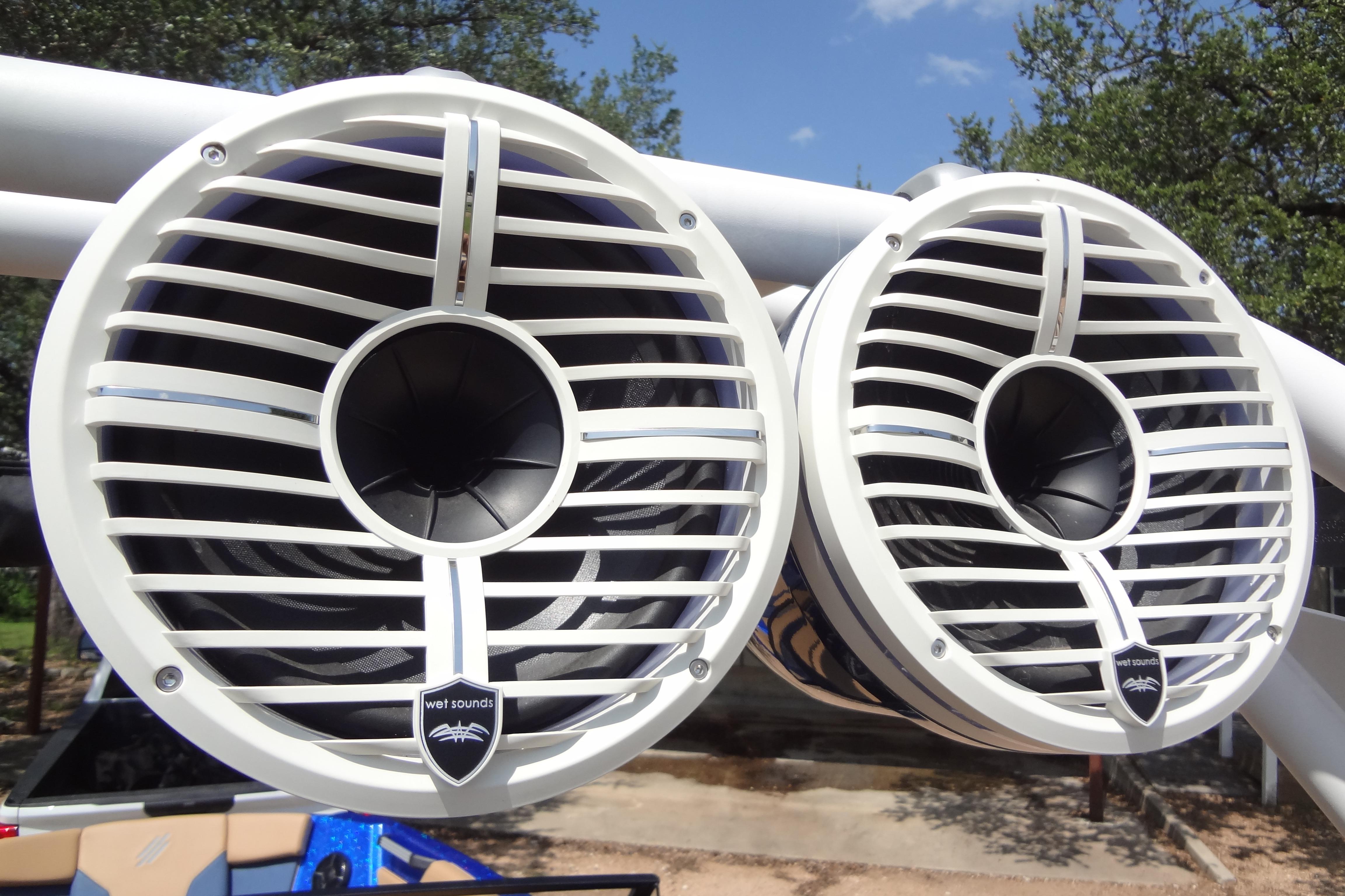 Close-up of Wet Sounds speakers on a 2022 ATX Surf Boats 24 Type-S.