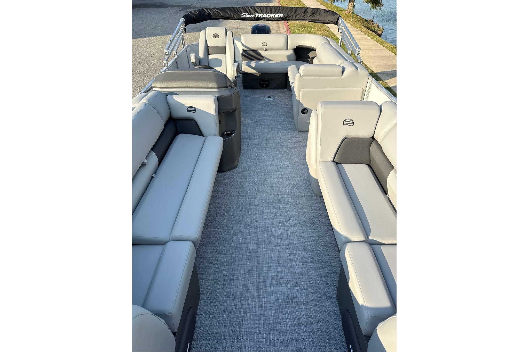 2026 Sun Tracker Party Barge 20 DLX interior with spacious seating and modern design.