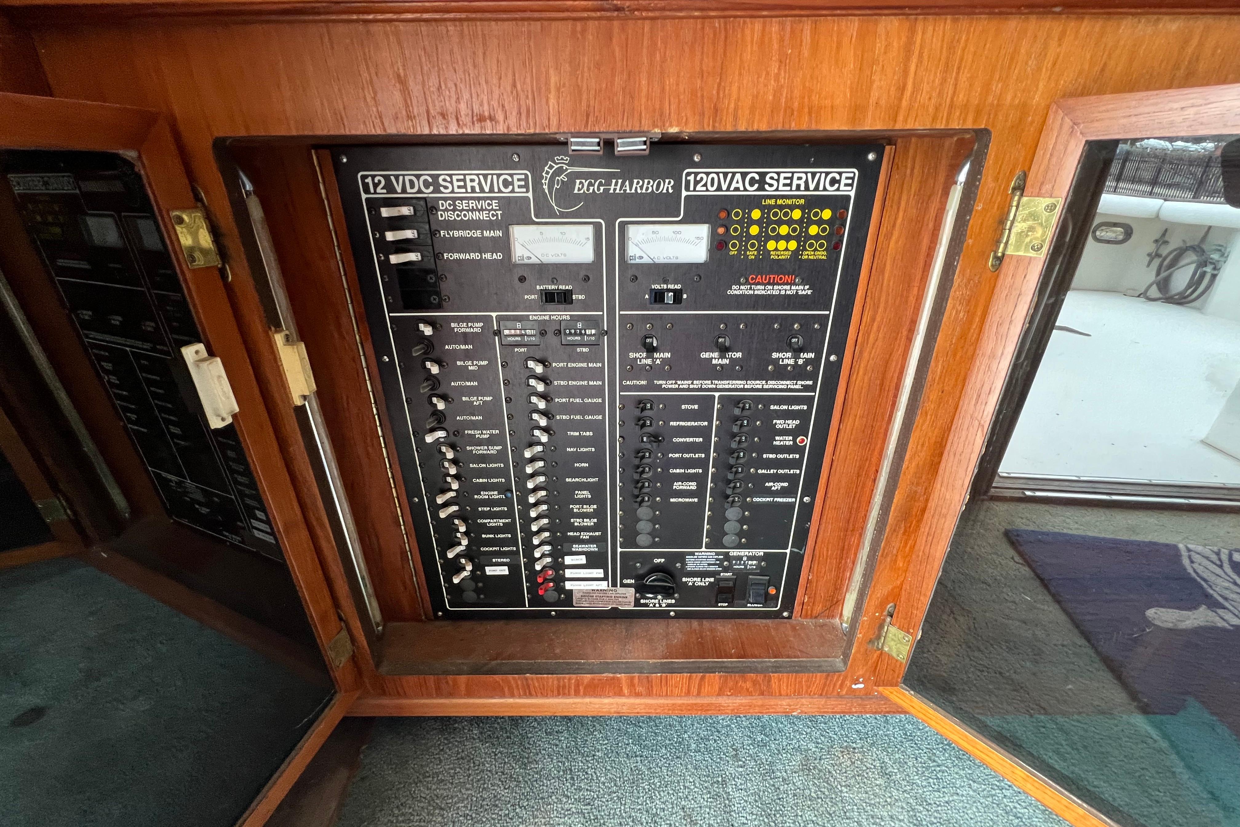 Electrical panel of a 1989 Egg Harbor 35 Sport Fisherman boat.