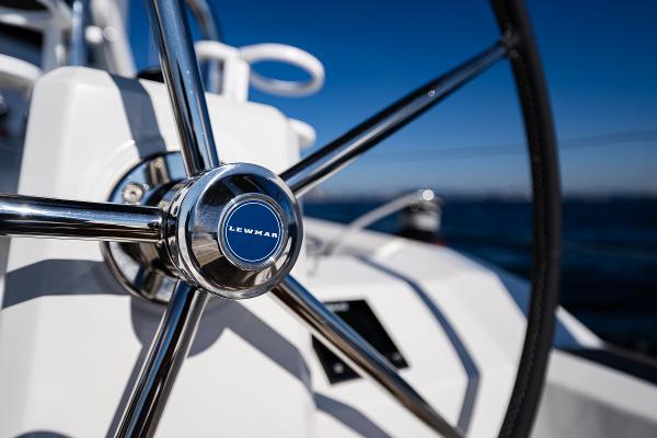 Steering wheel of Beneteau Oceanis 38.1 yacht, 2021 model.
