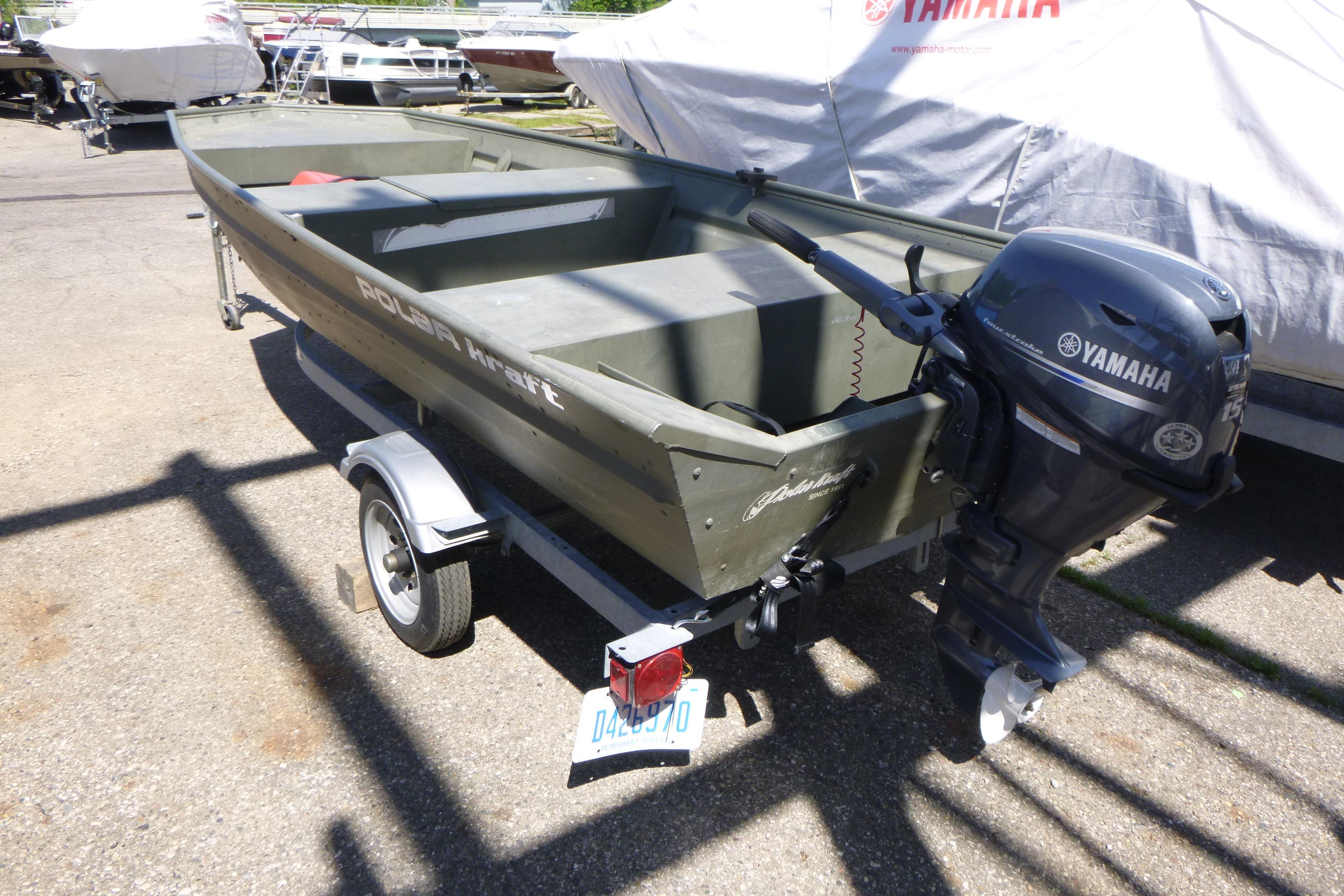 2014 Polar Kraft Jon MV 1448 LW boat with Yamaha outboard motor on trailer.
